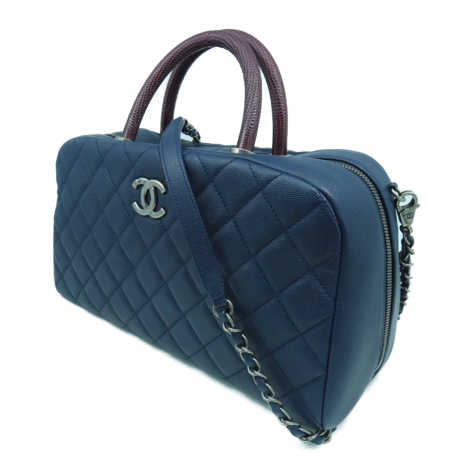 CHANEL 菱格Caviar皮革/蜥蝪皮革Top Handle 2 Way Shoulder Bag銀扣鏈帶手挽肩背兩用袋深藍色