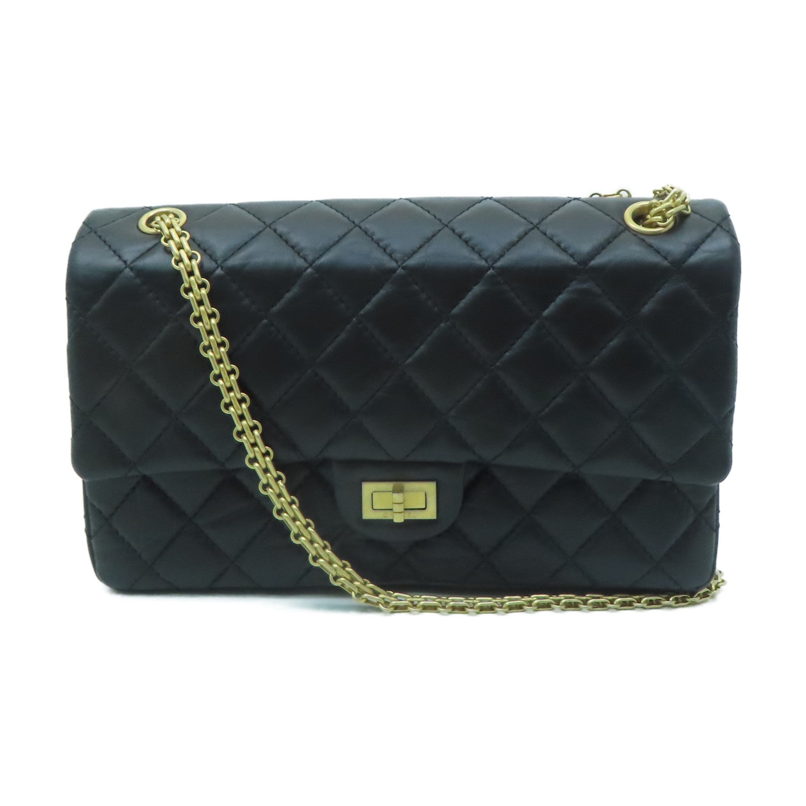 CHANEL 菱格牛皮皮革2.55金扣鏈帶肩背袋黑色