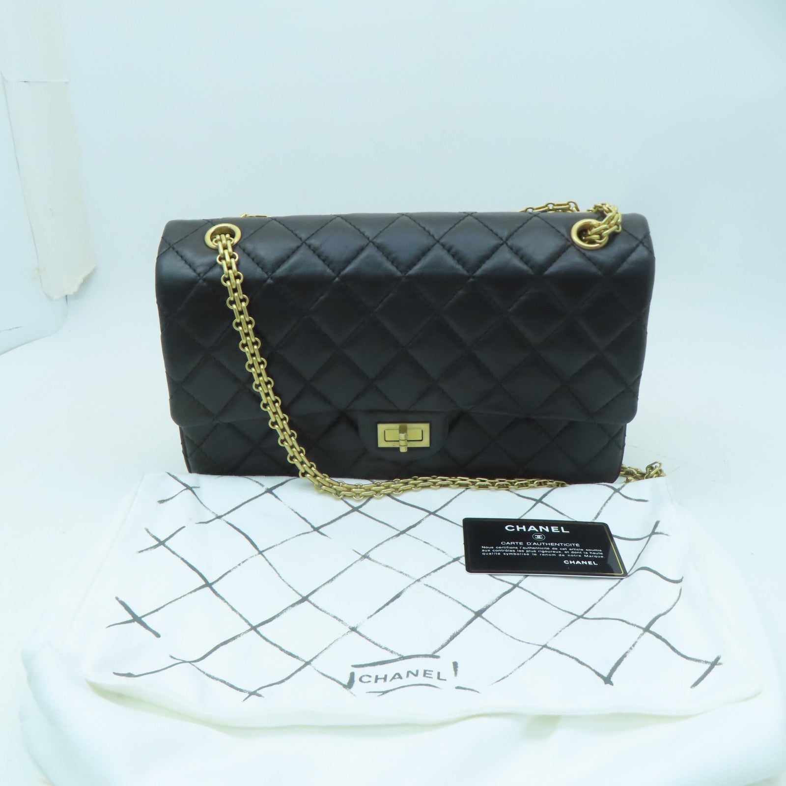 CHANEL 菱格牛皮皮革2.55金扣鏈帶肩背袋黑色
