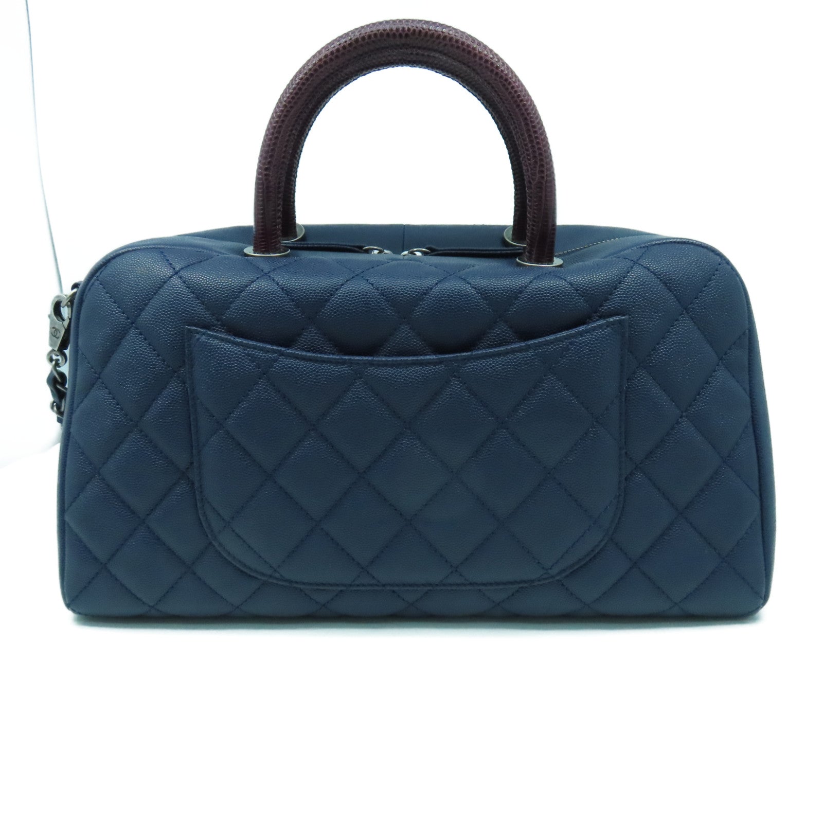 CHANEL 菱格Caviar皮革/蜥蝪皮革Top Handle 2 Way Shoulder Bag銀扣鏈帶手挽肩背兩用袋深藍色