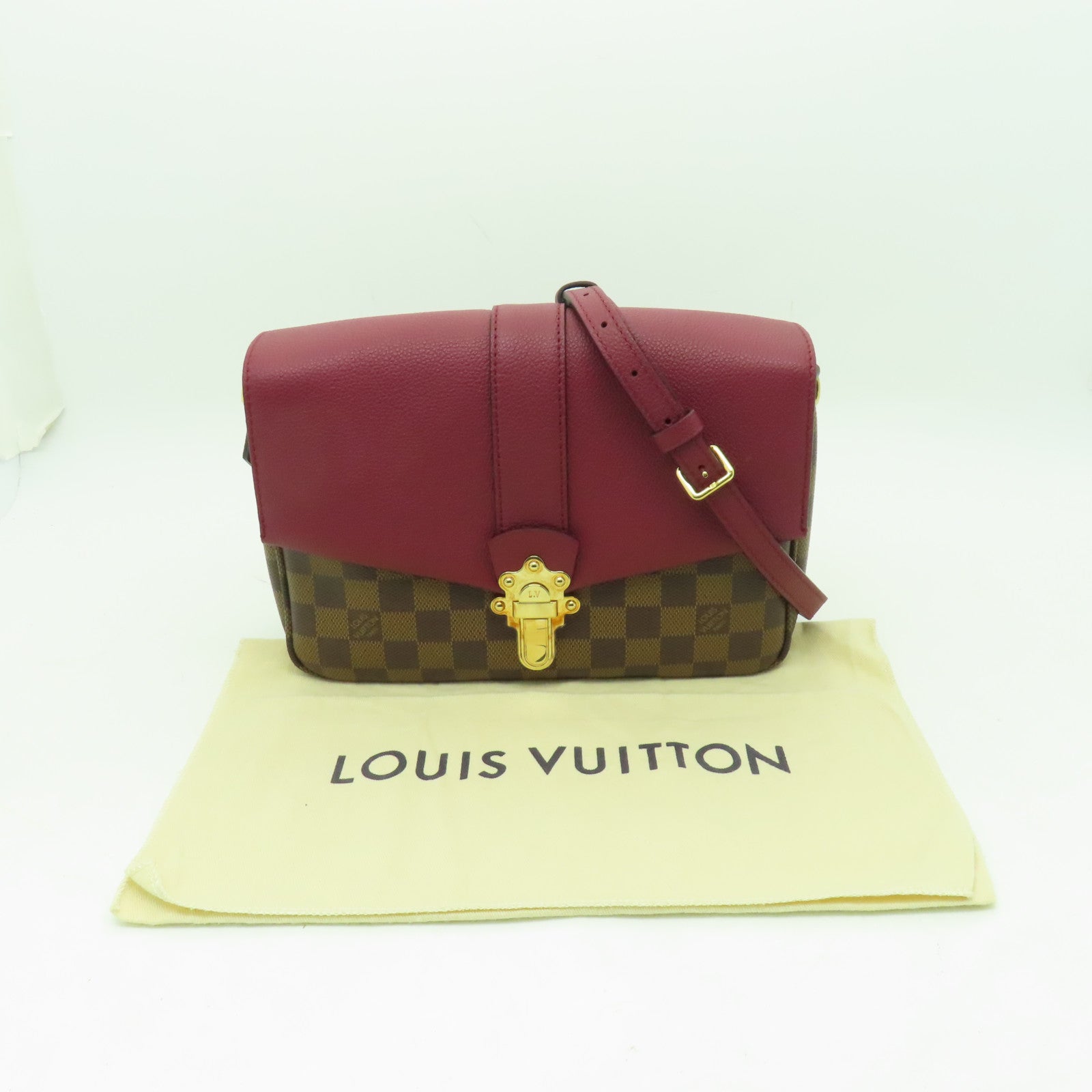 LOUIS VUITTON Damier Ebene Clapton金扣肩背袋啡色/酒紅色