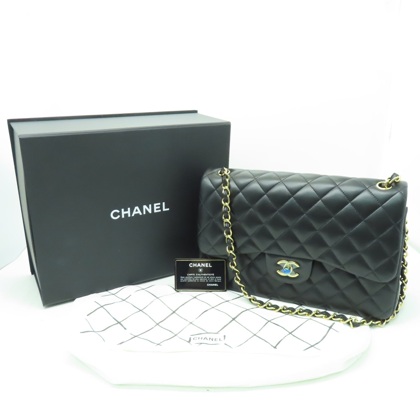CHANEL 菱格羊皮皮革Jumbo金扣鏈帶肩背袋黑色