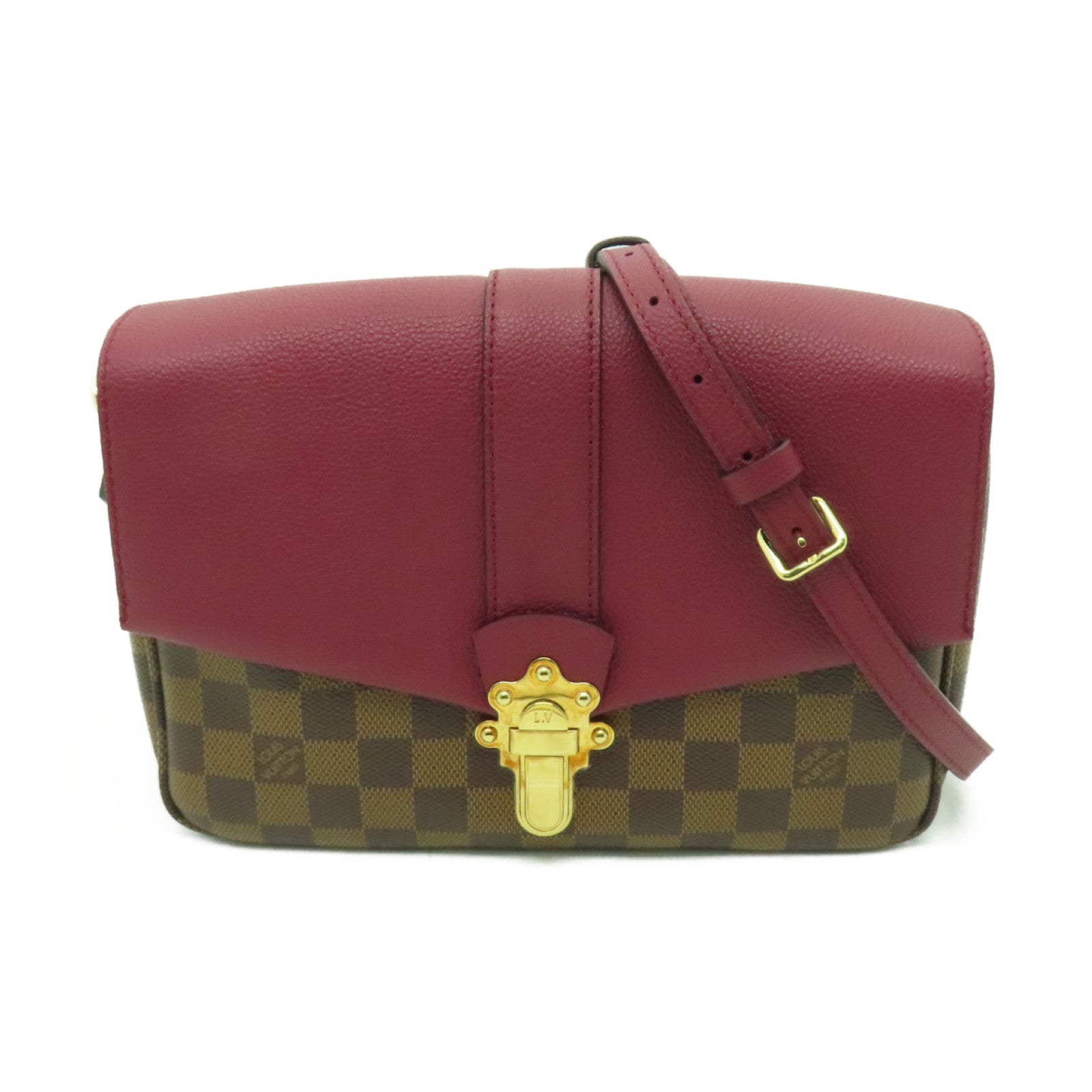 LOUIS VUITTON Damier Ebene Clapton金扣肩背袋啡色/酒紅色
