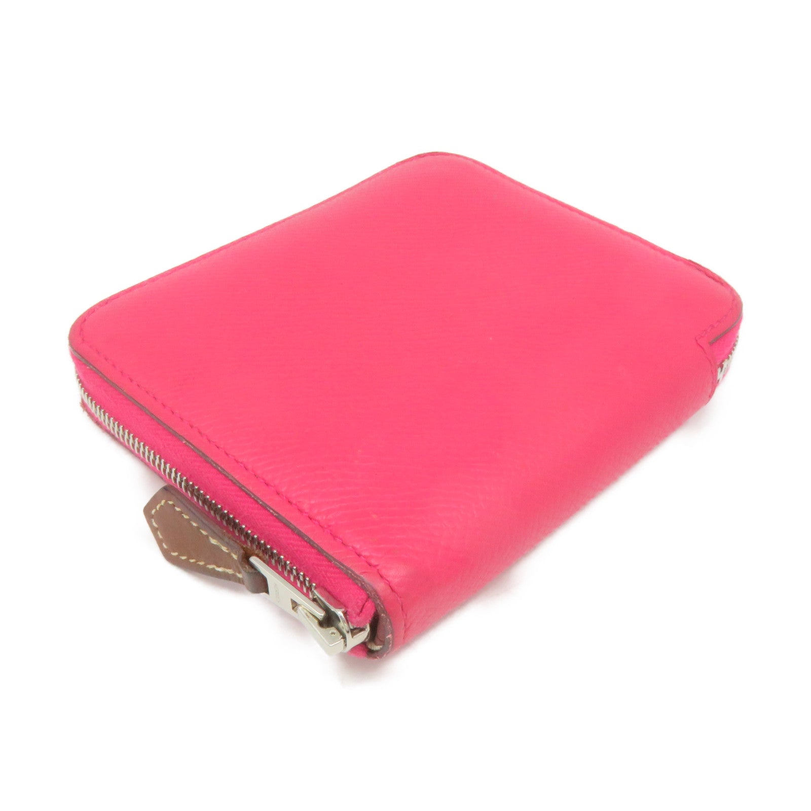 HERMES Epsom Leather Silkin Wallet Small Silver Buckle Zipper Short Wallet Pink