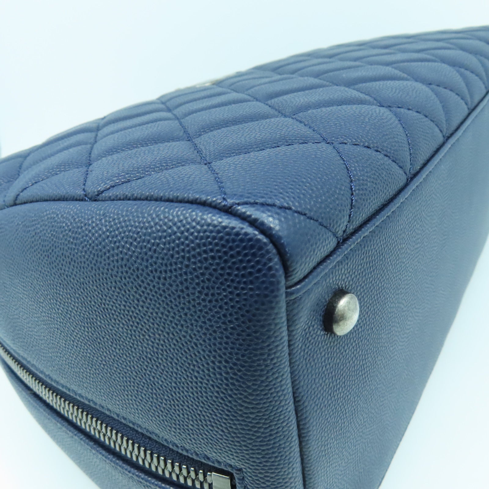 CHANEL 菱格Caviar皮革/蜥蝪皮革Top Handle 2 Way Shoulder Bag銀扣鏈帶手挽肩背兩用袋深藍色