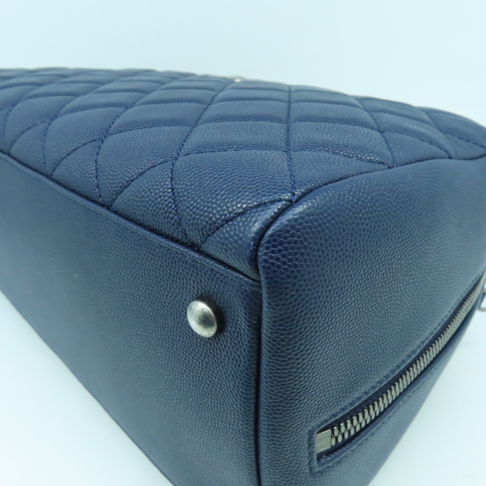 CHANEL 菱格Caviar皮革/蜥蝪皮革Top Handle 2 Way Shoulder Bag銀扣鏈帶手挽肩背兩用袋深藍色