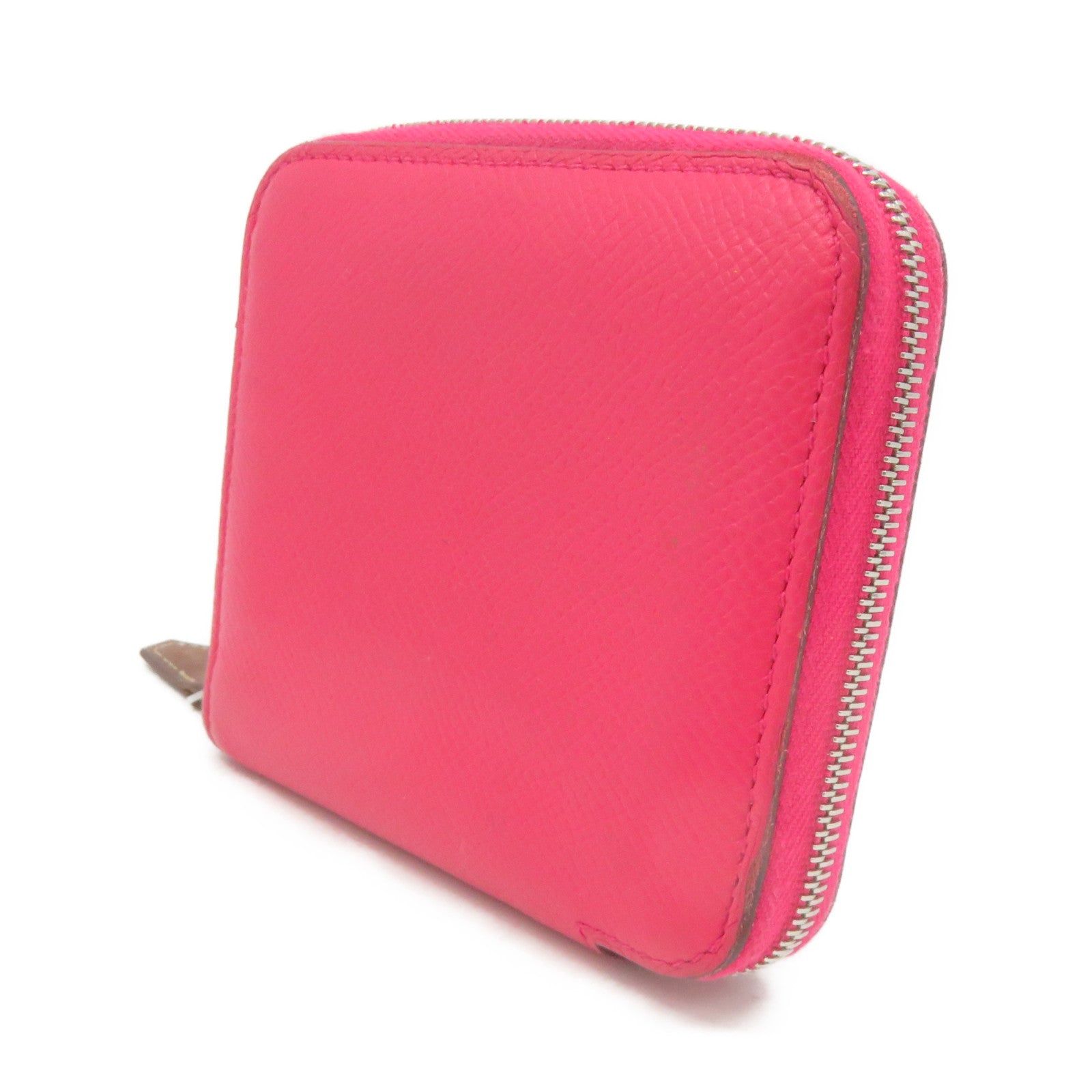 HERMES Epsom Leather Silkin Wallet Small Silver Buckle Zipper Short Wallet Pink