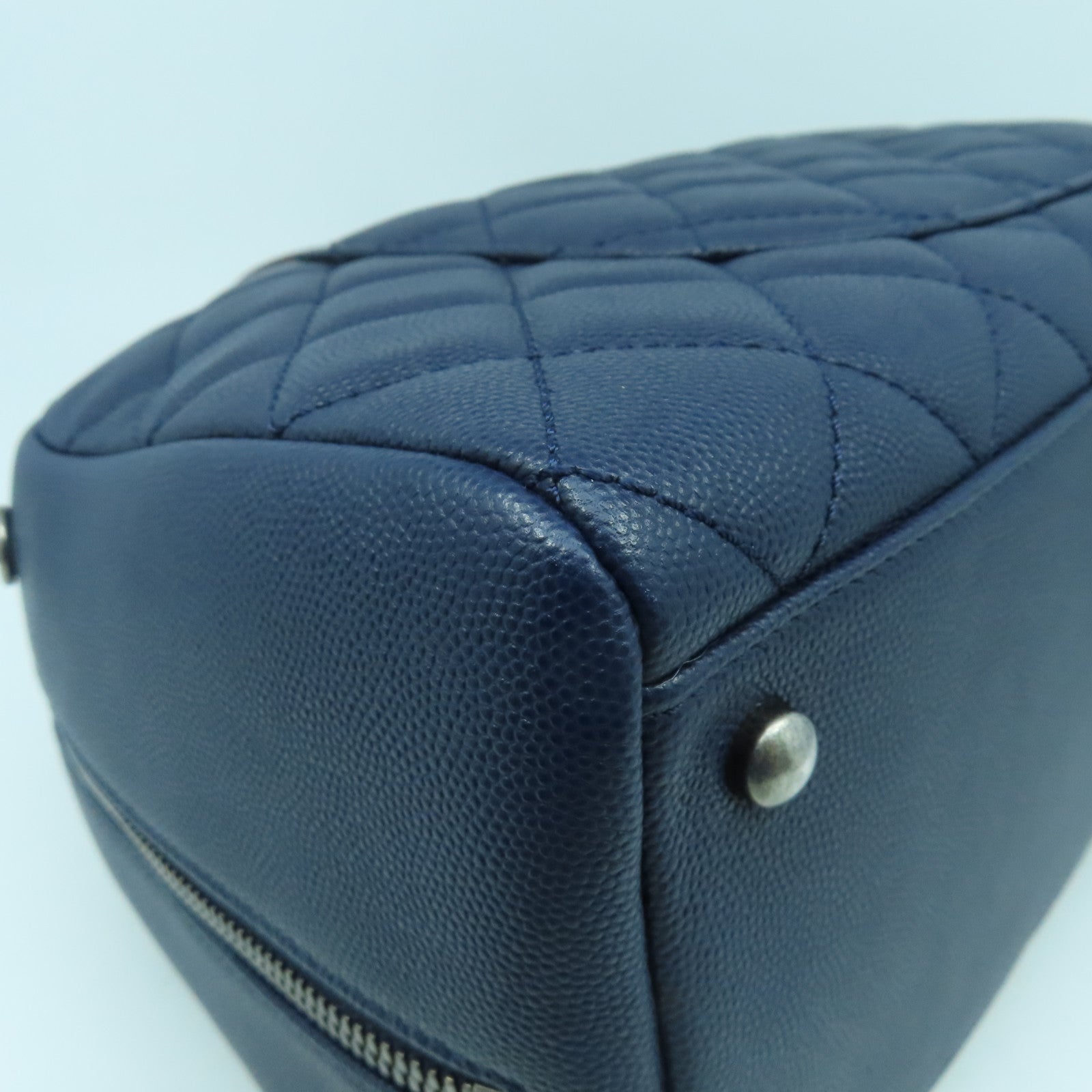 CHANEL 菱格Caviar皮革/蜥蝪皮革Top Handle 2 Way Shoulder Bag銀扣鏈帶手挽肩背兩用袋深藍色