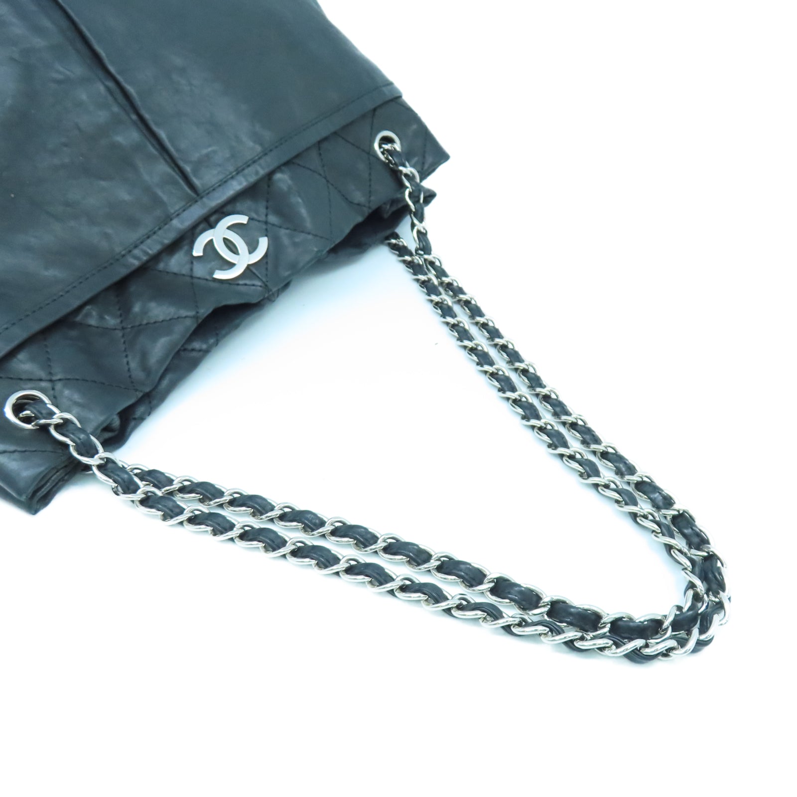 CHANEL 牛皮皮革Chain Shoulder銀扣鏈帶肩背袋黑色