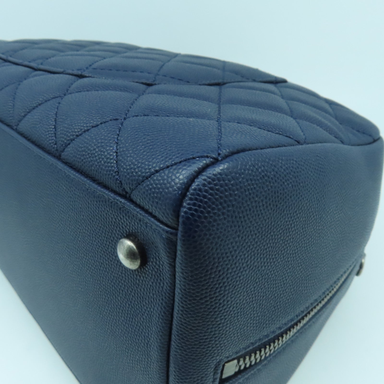 CHANEL 菱格Caviar皮革/蜥蝪皮革Top Handle 2 Way Shoulder Bag銀扣鏈帶手挽肩背兩用袋深藍色