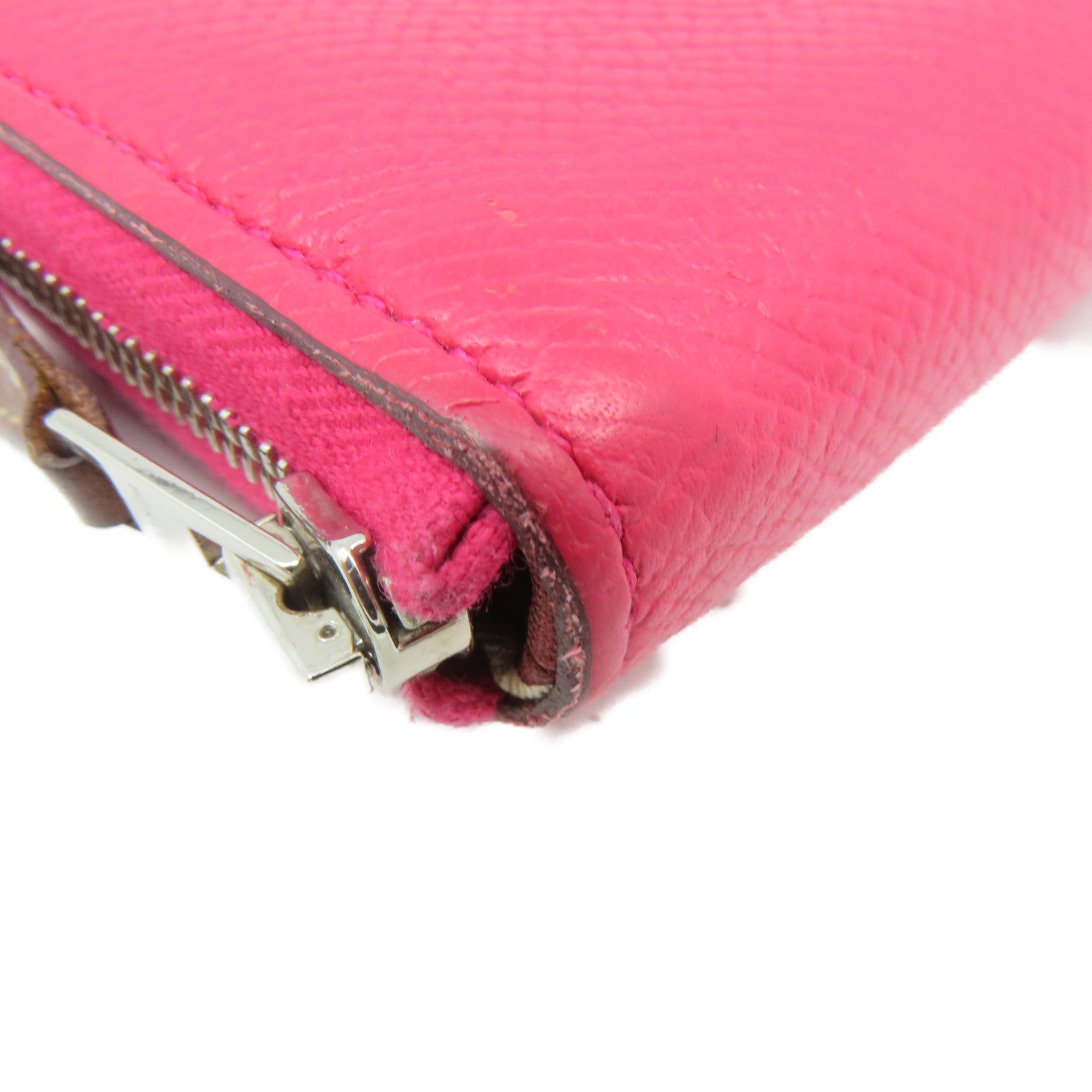 HERMES Epsom Leather Silkin Wallet Small Silver Buckle Zipper Short Wallet Pink