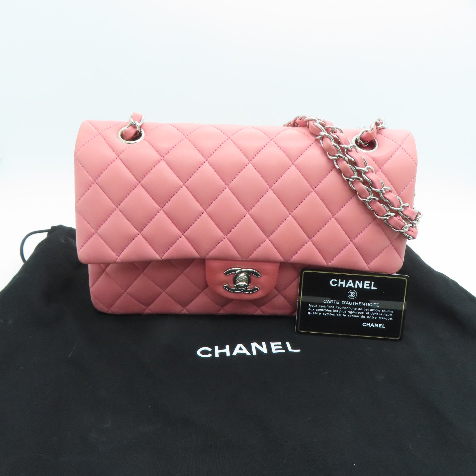 CHANEL 菱格羊皮皮革Classic 25㎝銀扣肩背袋粉紅色