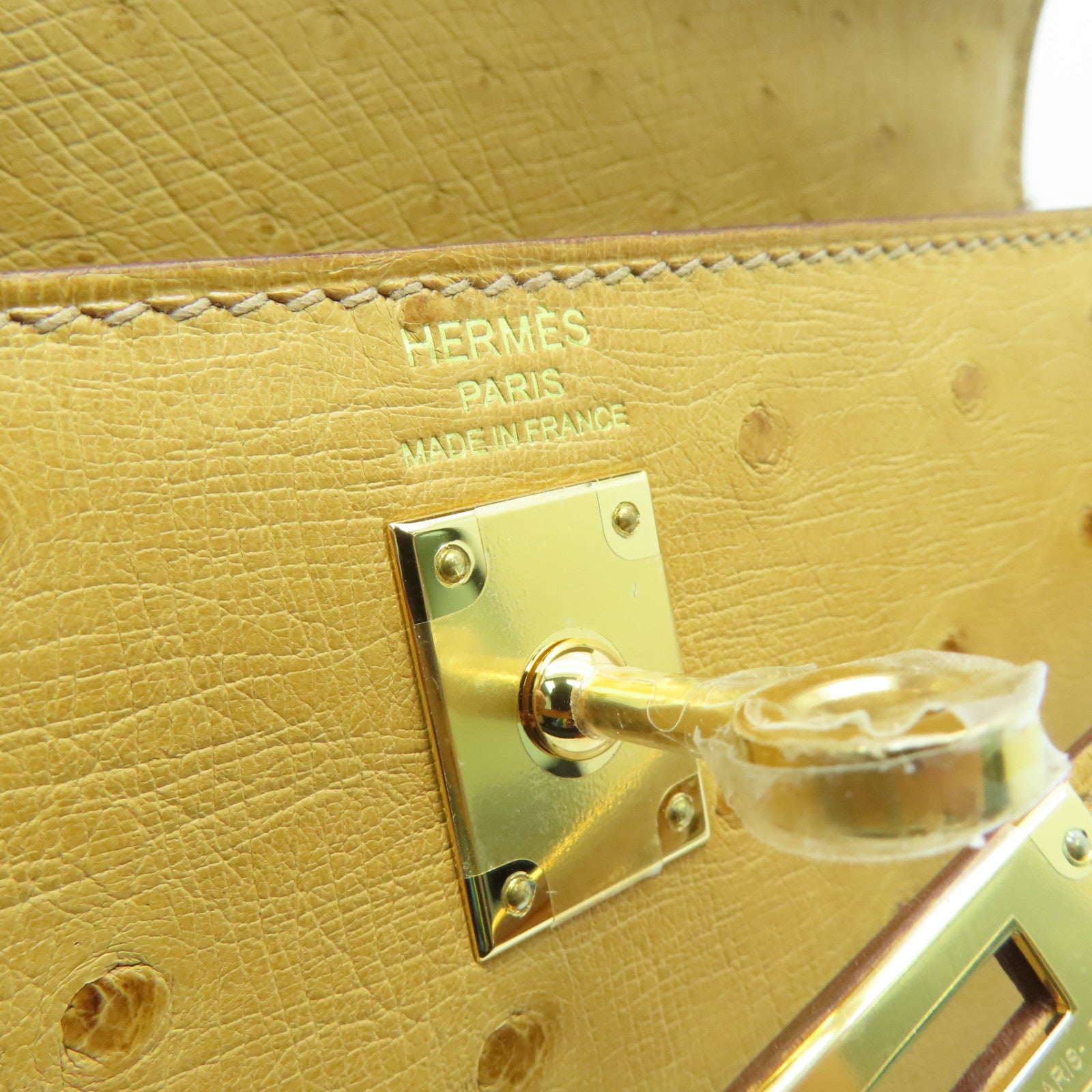 HERMES 【激减优惠】驼鸟皮革Kelly 25金扣手挽肩背两用袋黄色
