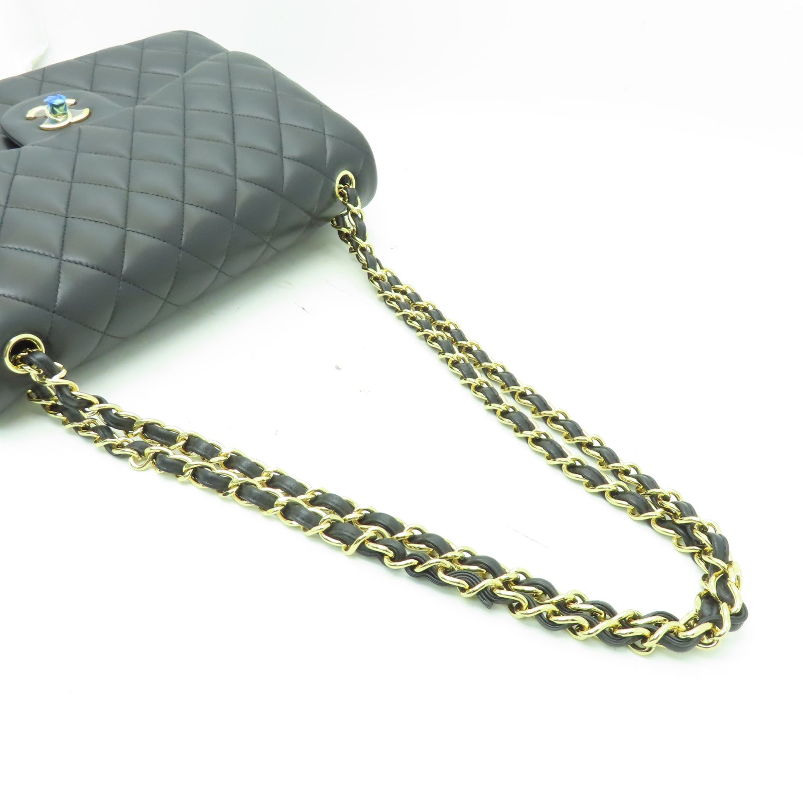 CHANEL 菱格羊皮皮革Jumbo金扣鏈帶肩背袋黑色