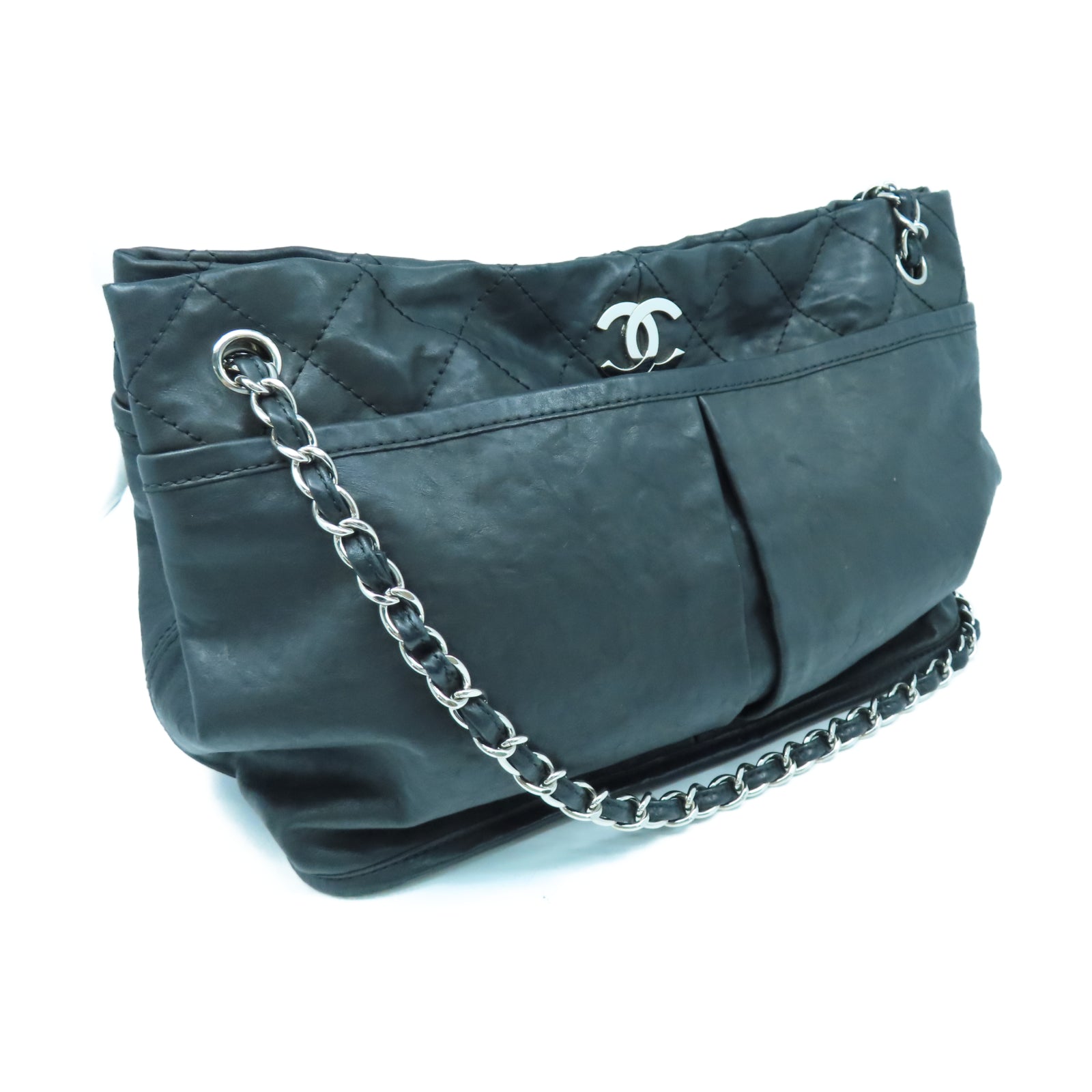 CHANEL 牛皮皮革Chain Shoulder銀扣鏈帶肩背袋黑色