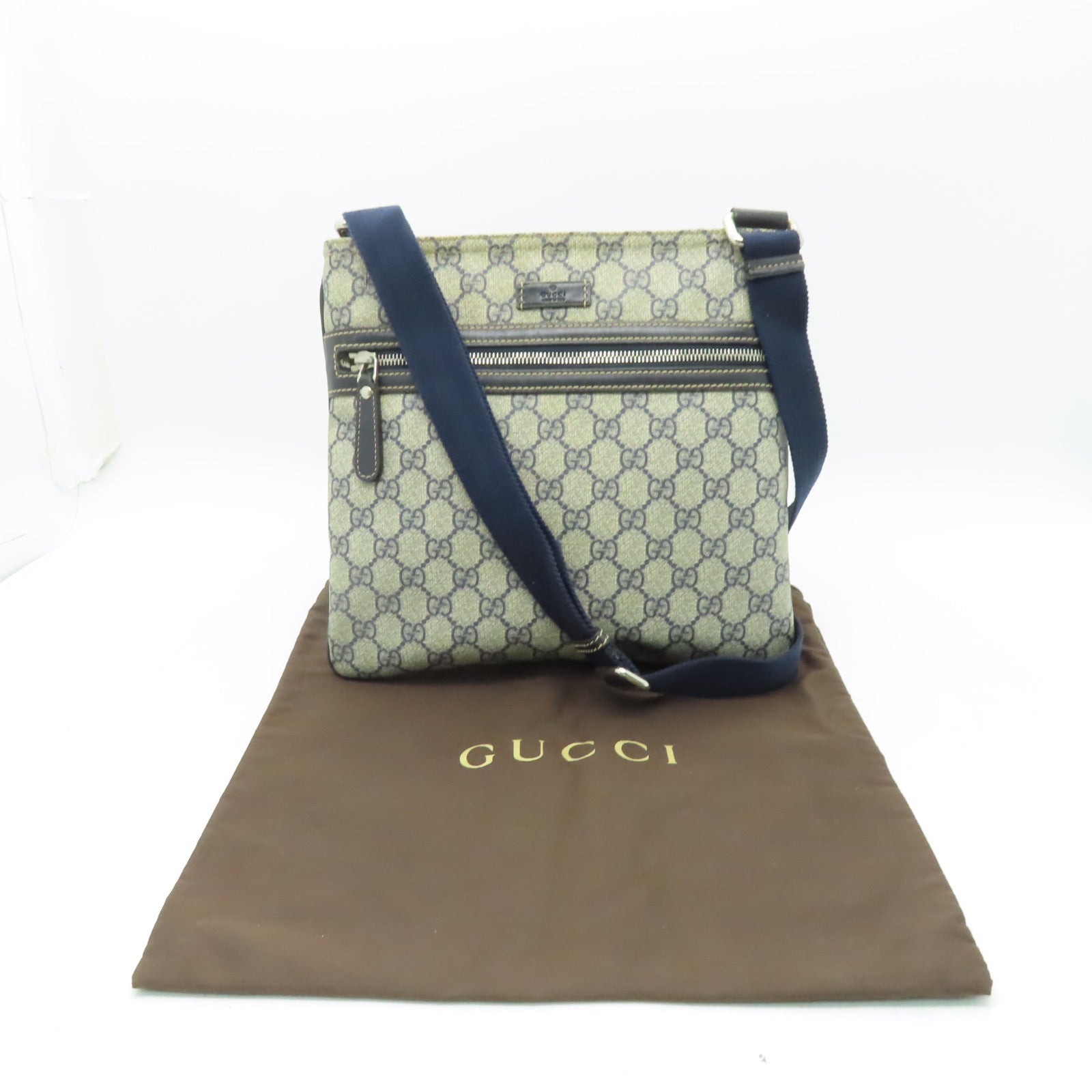 GUCCI 塗層帆布Shoulder Bag銀扣肩背袋灰色/藍色