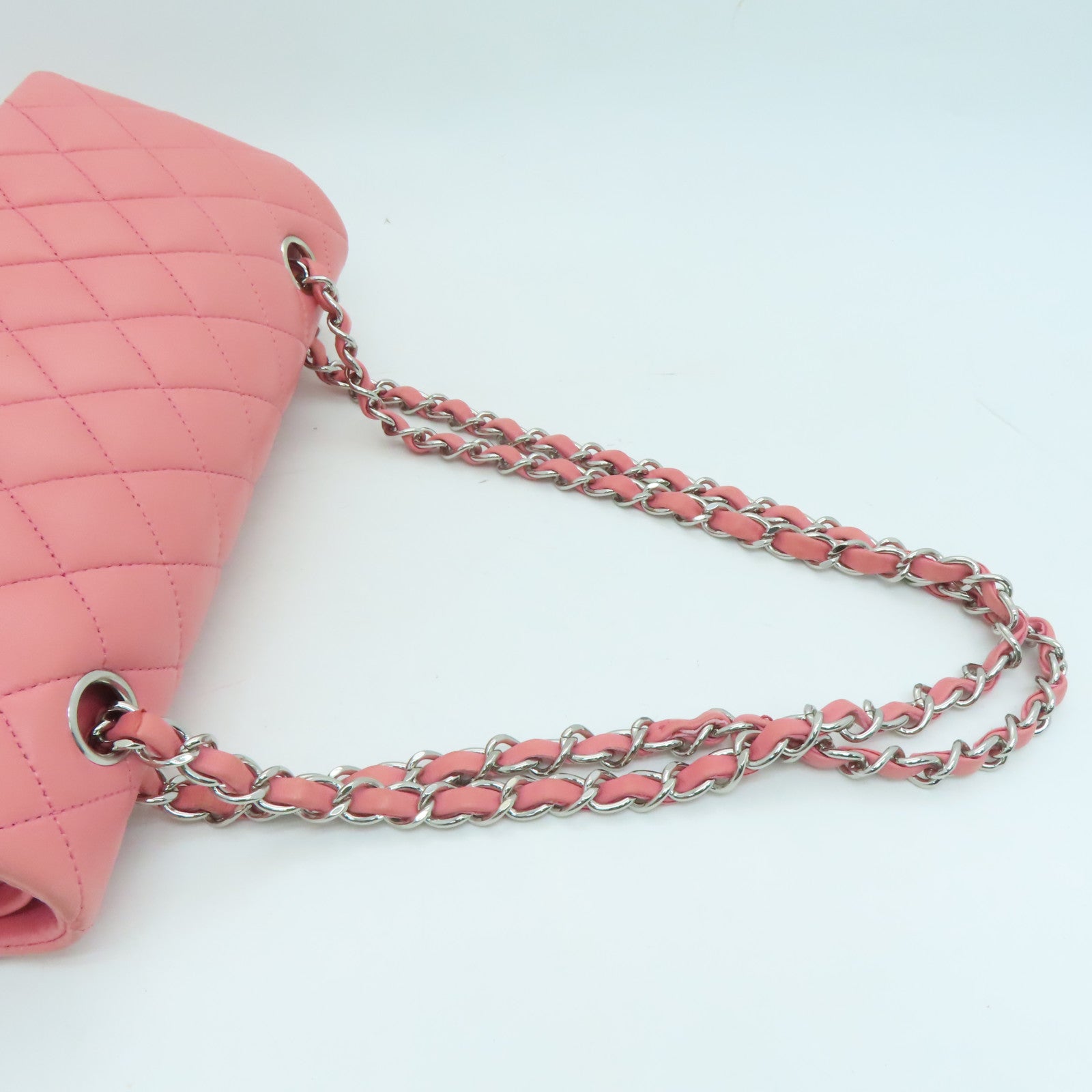 CHANEL 菱格羊皮皮革Classic 25㎝銀扣肩背袋粉紅色