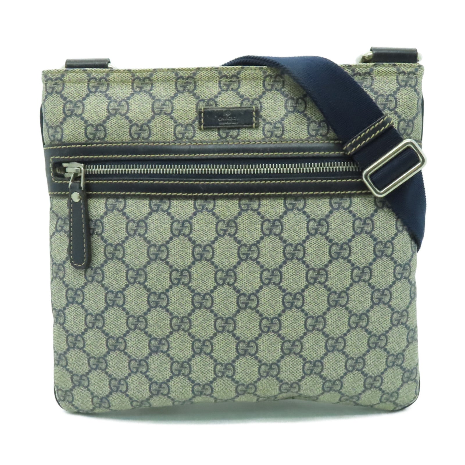 GUCCI 塗層帆布Shoulder Bag銀扣肩背袋灰色/藍色