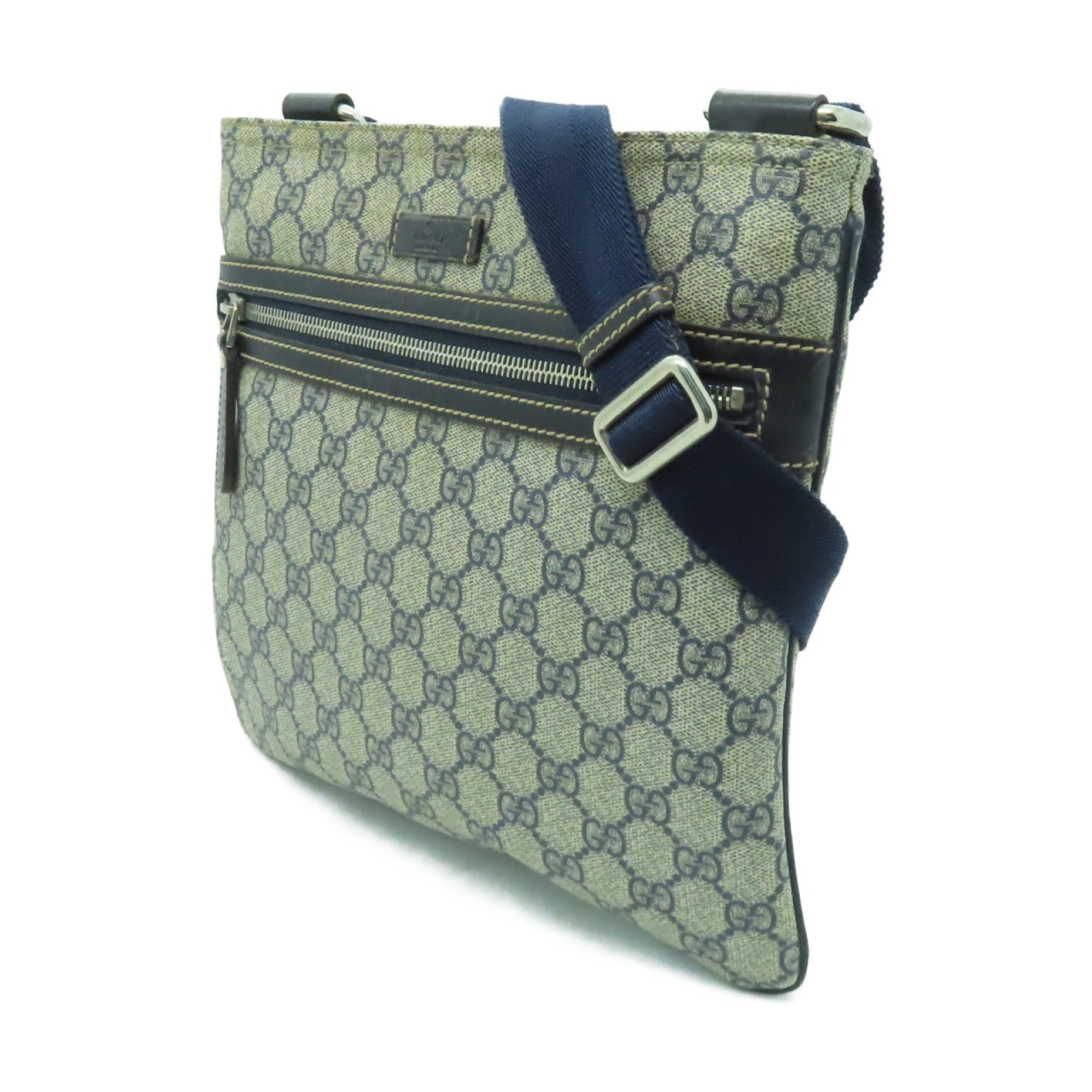 GUCCI 塗層帆布Shoulder Bag銀扣肩背袋灰色/藍色