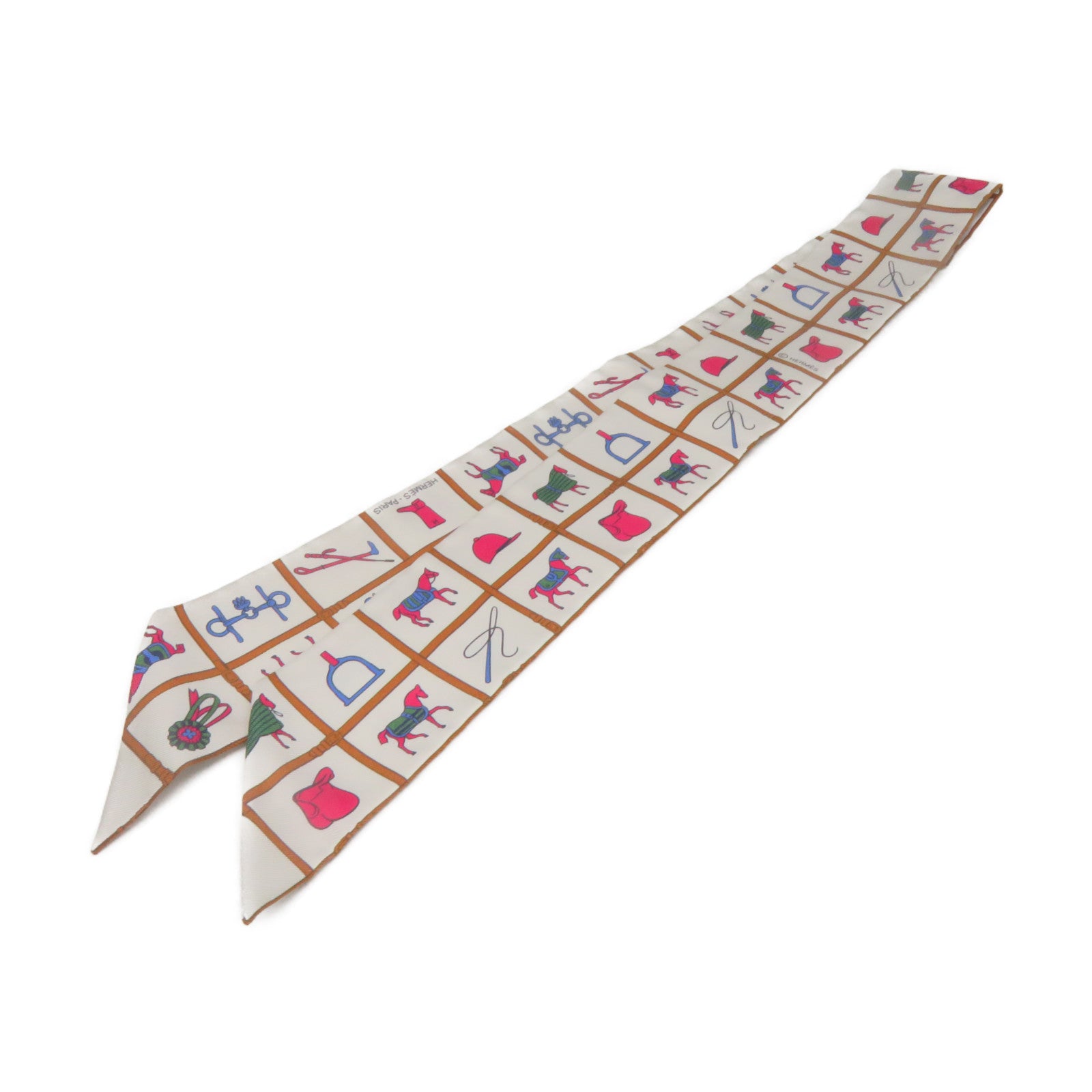 HERMES Silk Twilly Scarf Brown/White/Color