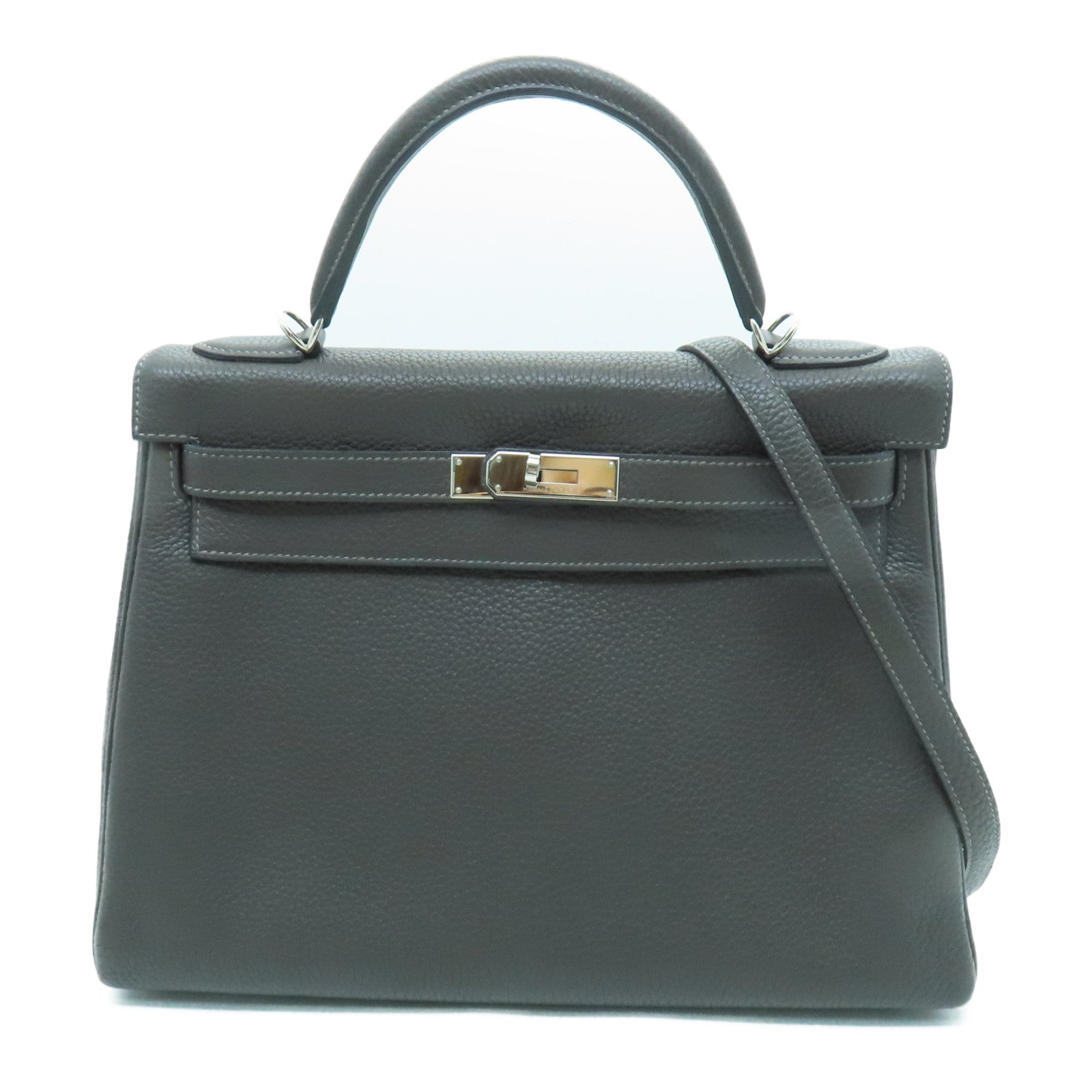 HERMES Clemence皮革Kelly 32银扣手挽袋灰色