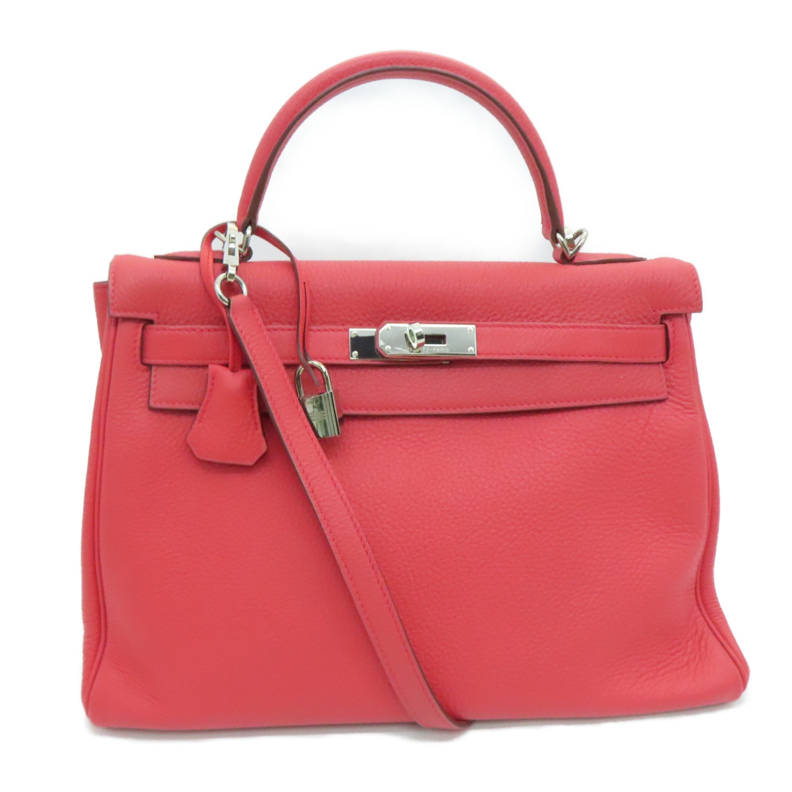 HERMES Clemence皮革Kelly 32银扣手挽肩背两用袋Rose Jaipur/蜜桃红