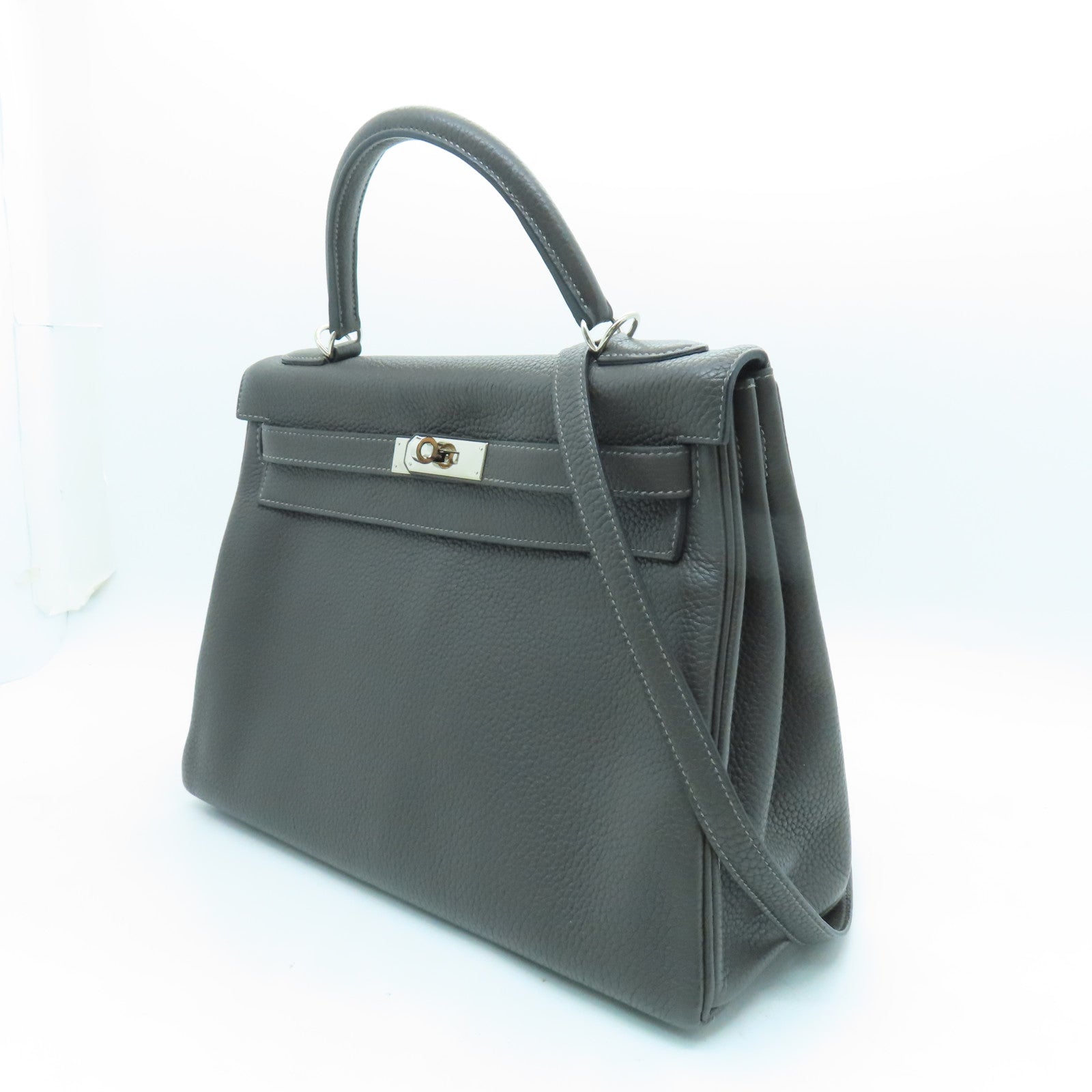 HERMES Clemence皮革Kelly 32银扣手挽袋灰色