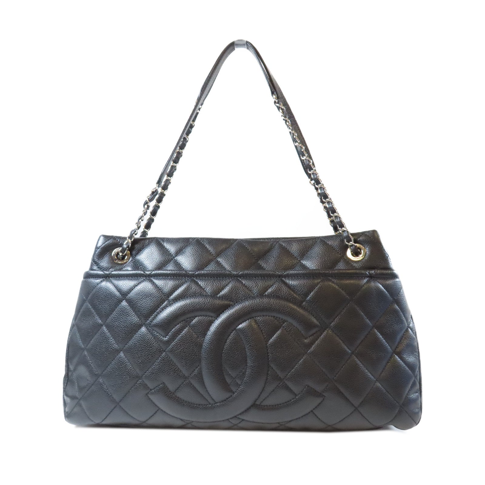 CHANEL 菱格Caviar皮革Chain Shoulder銀扣肩背袋黑色