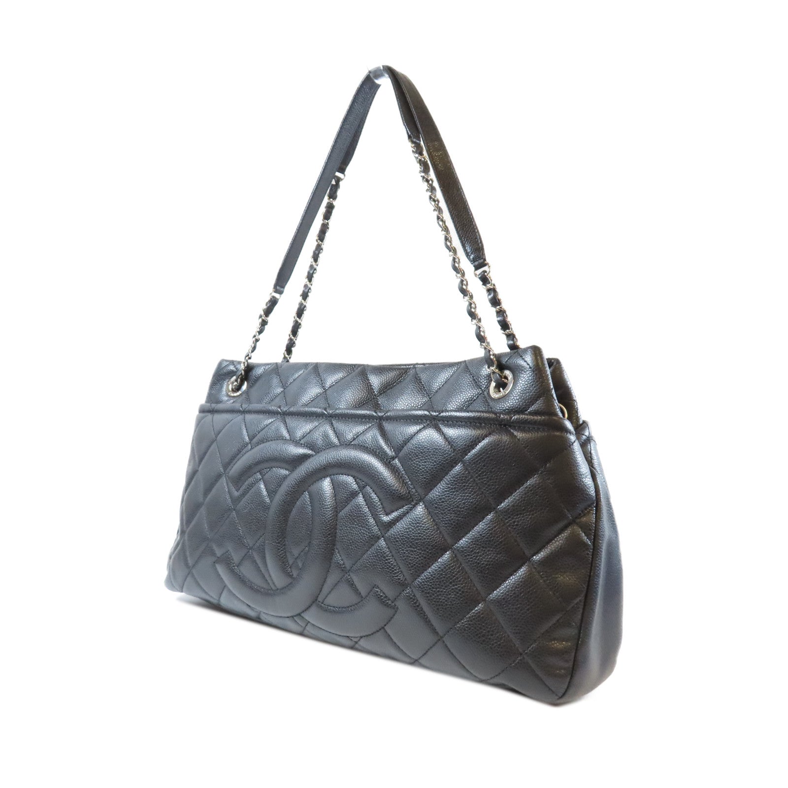 CHANEL 菱格Caviar皮革Chain Shoulder銀扣肩背袋黑色