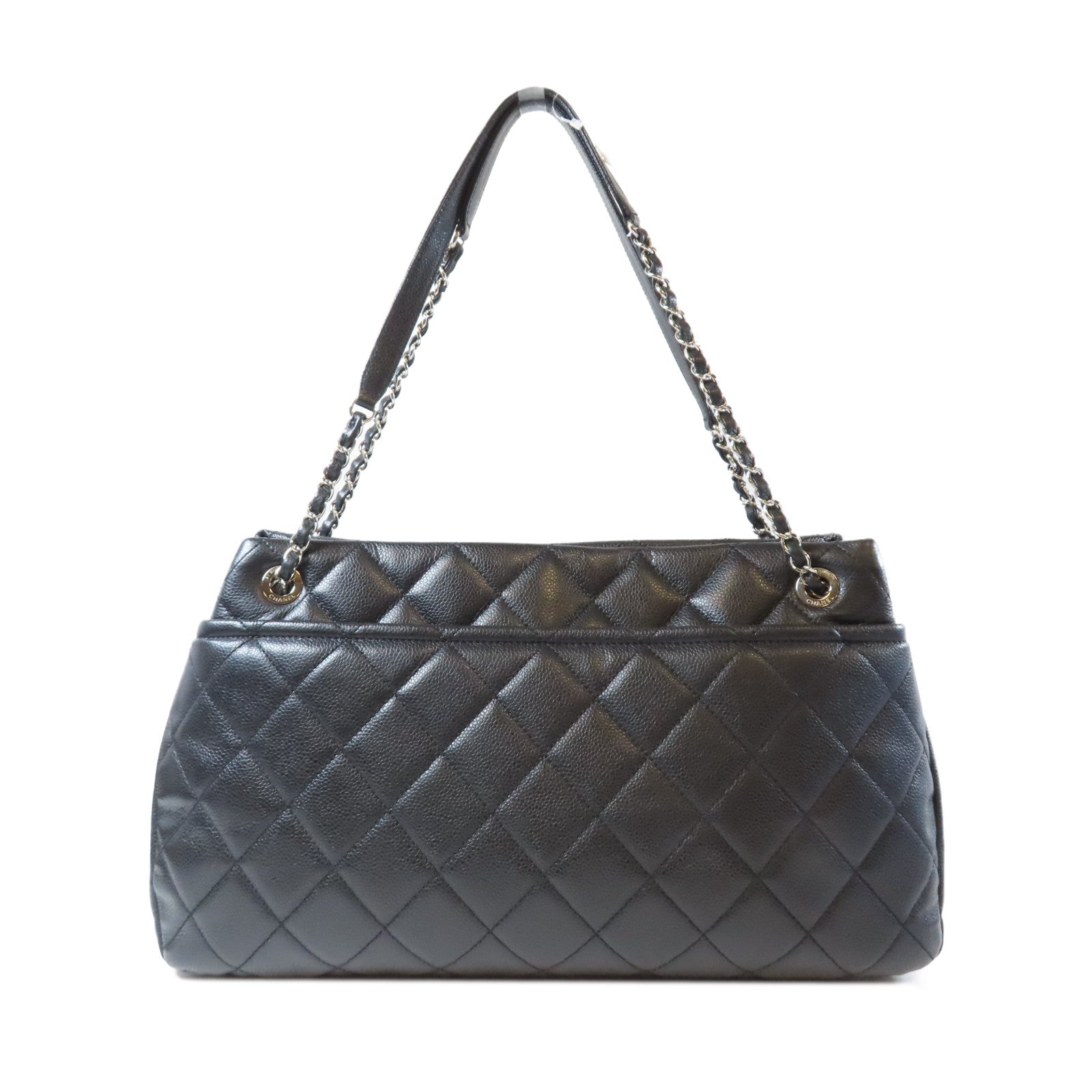 CHANEL 菱格Caviar皮革Chain Shoulder銀扣肩背袋黑色