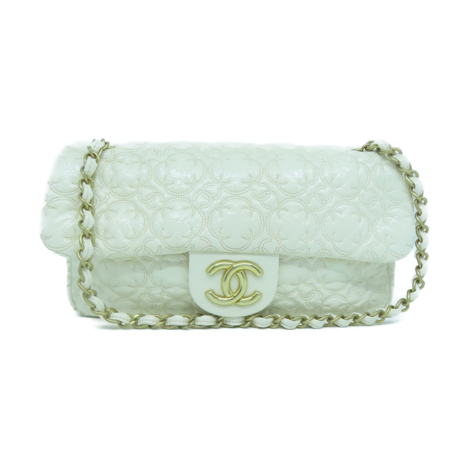 CHANEL 漆皮皮革Chain Shoulder金扣鏈帶肩背袋白色