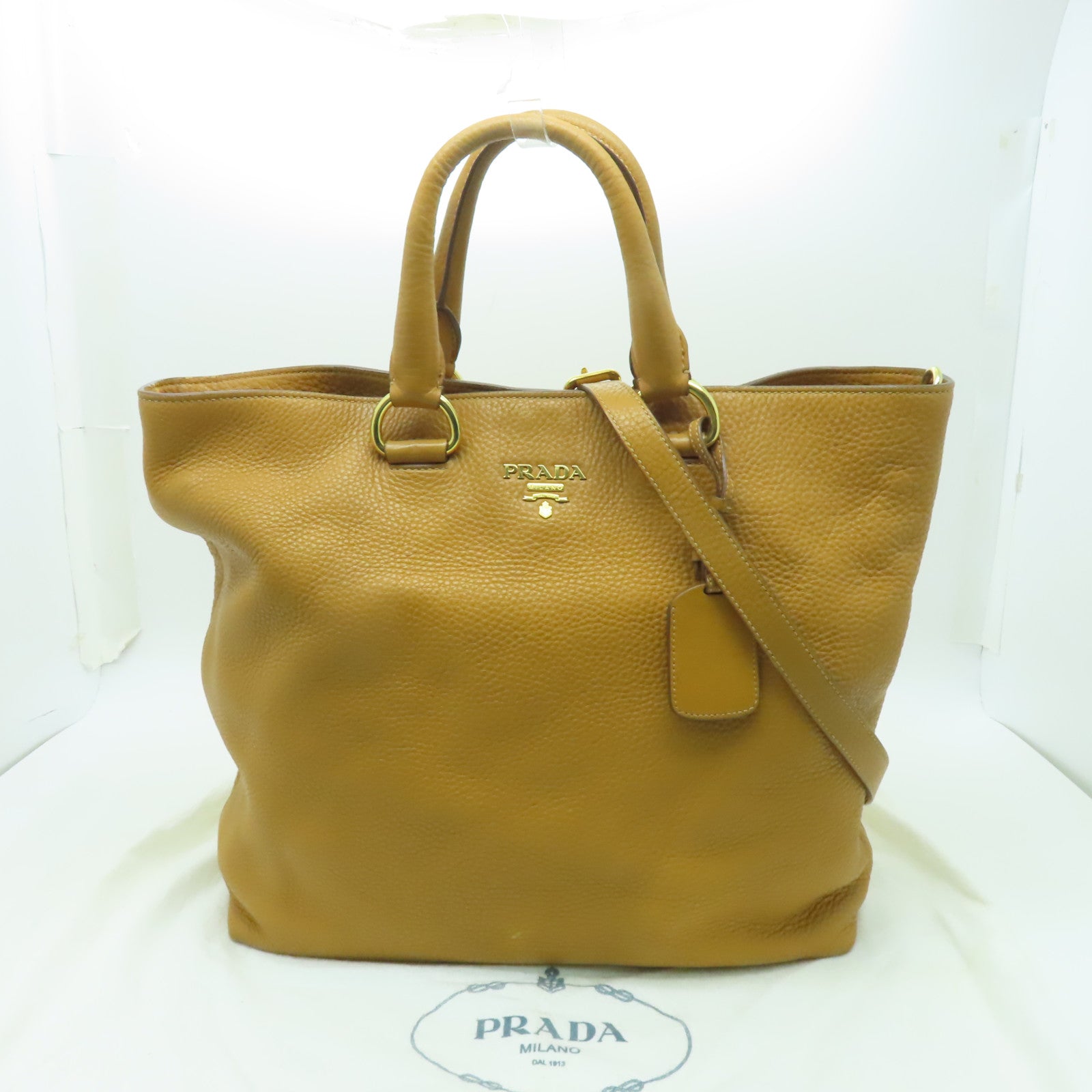 PRADA 牛皮皮革Vitello Phenix金扣手挽肩背兩用袋芥末色