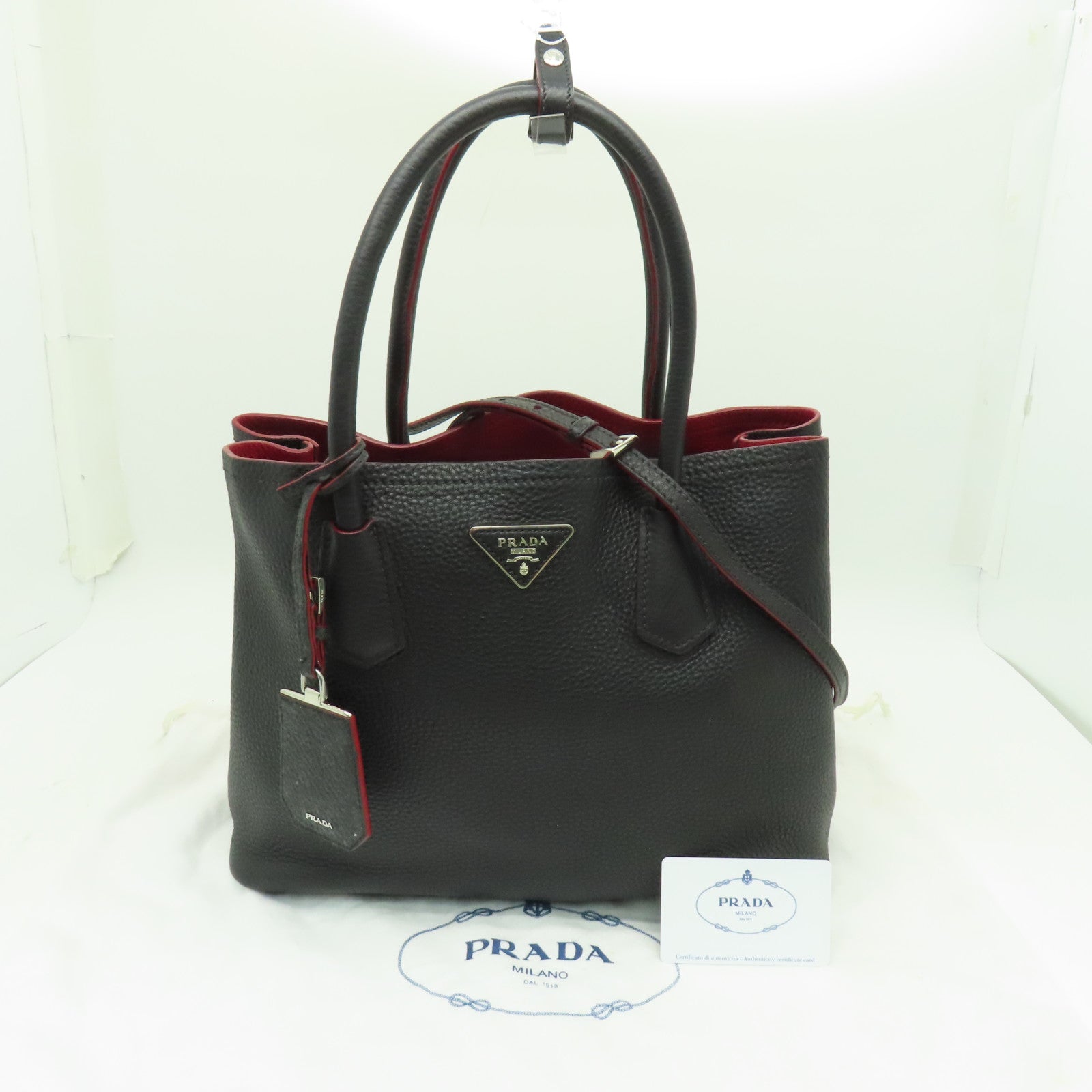 PRADA 【激減優惠】牛皮皮革2way Shoulder Bag銀扣手挽肩背兩用袋黑色