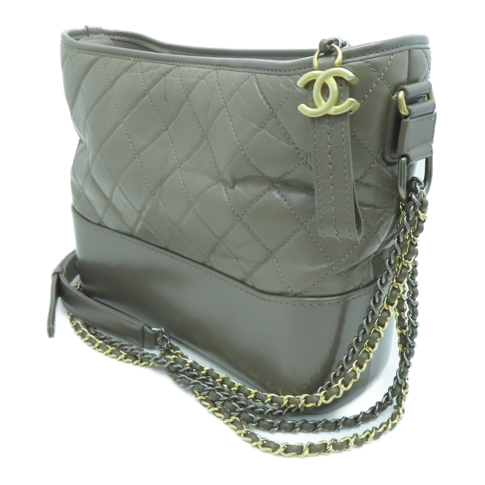 CHANEL 菱格Aged Calf皮革Gabrielle肩背袋灰色
