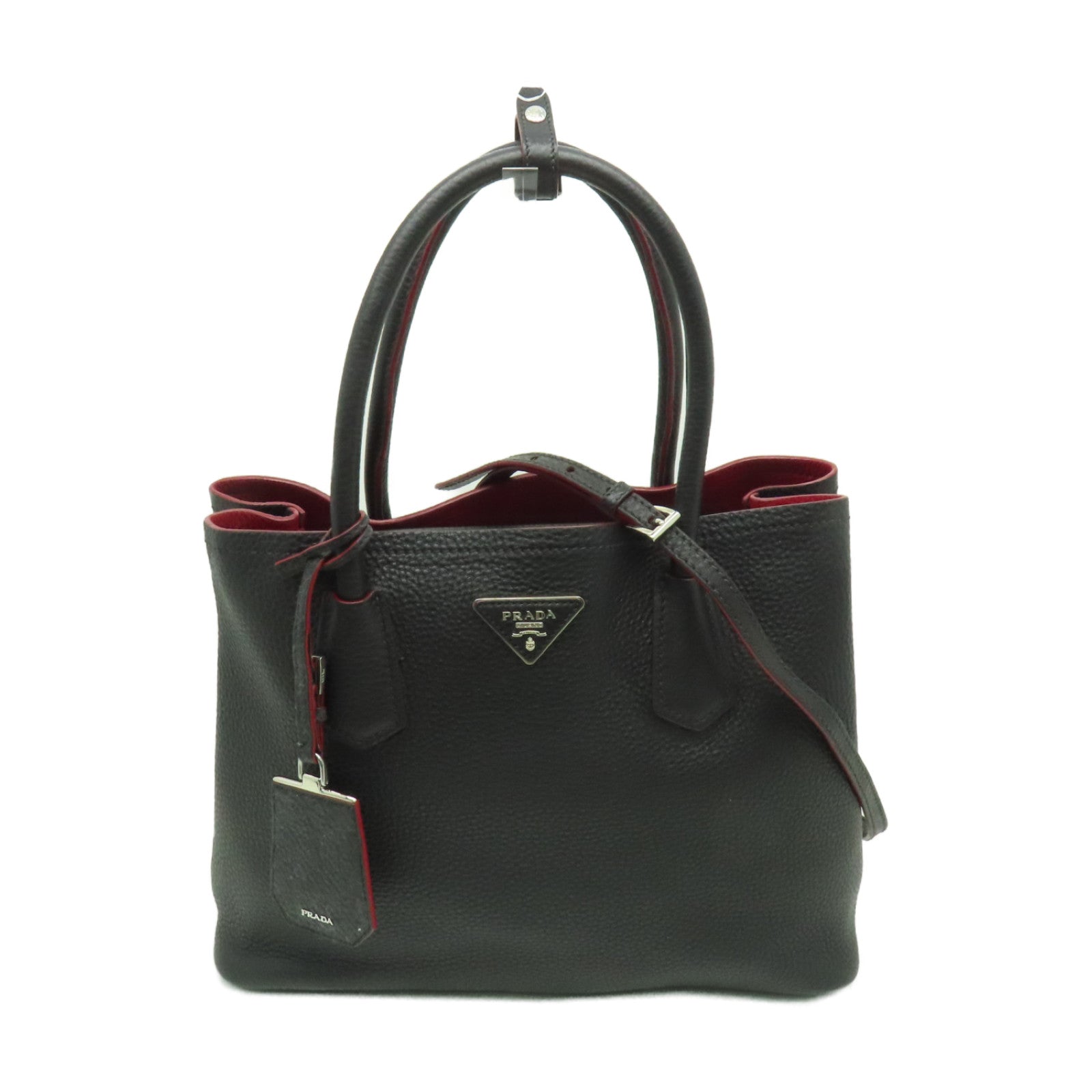 PRADA 【激減優惠】牛皮皮革2way Shoulder Bag銀扣手挽肩背兩用袋黑色
