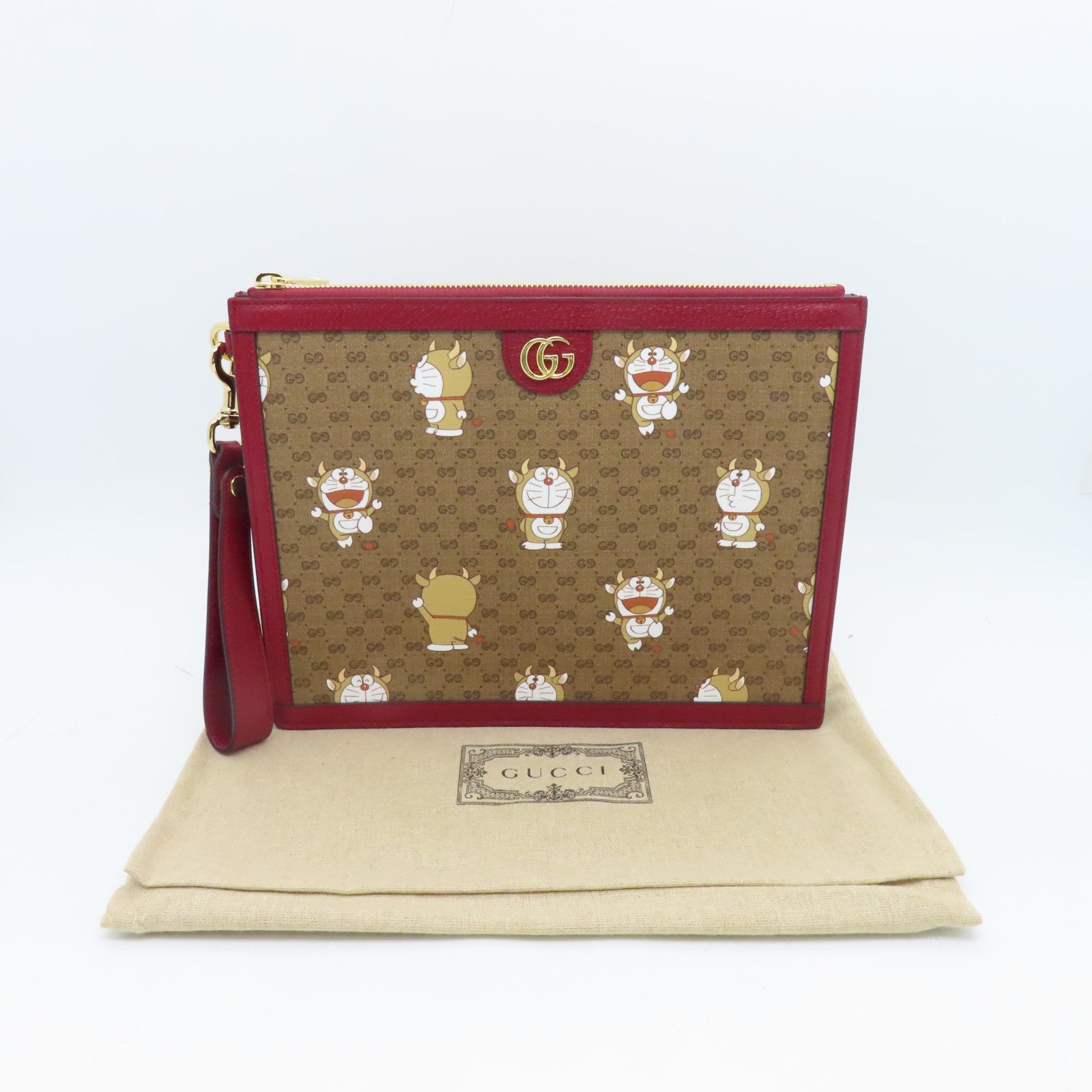 GUCCI 塗層帆布Doraemon Clutch Bag金扣手拿包啡色/紅色