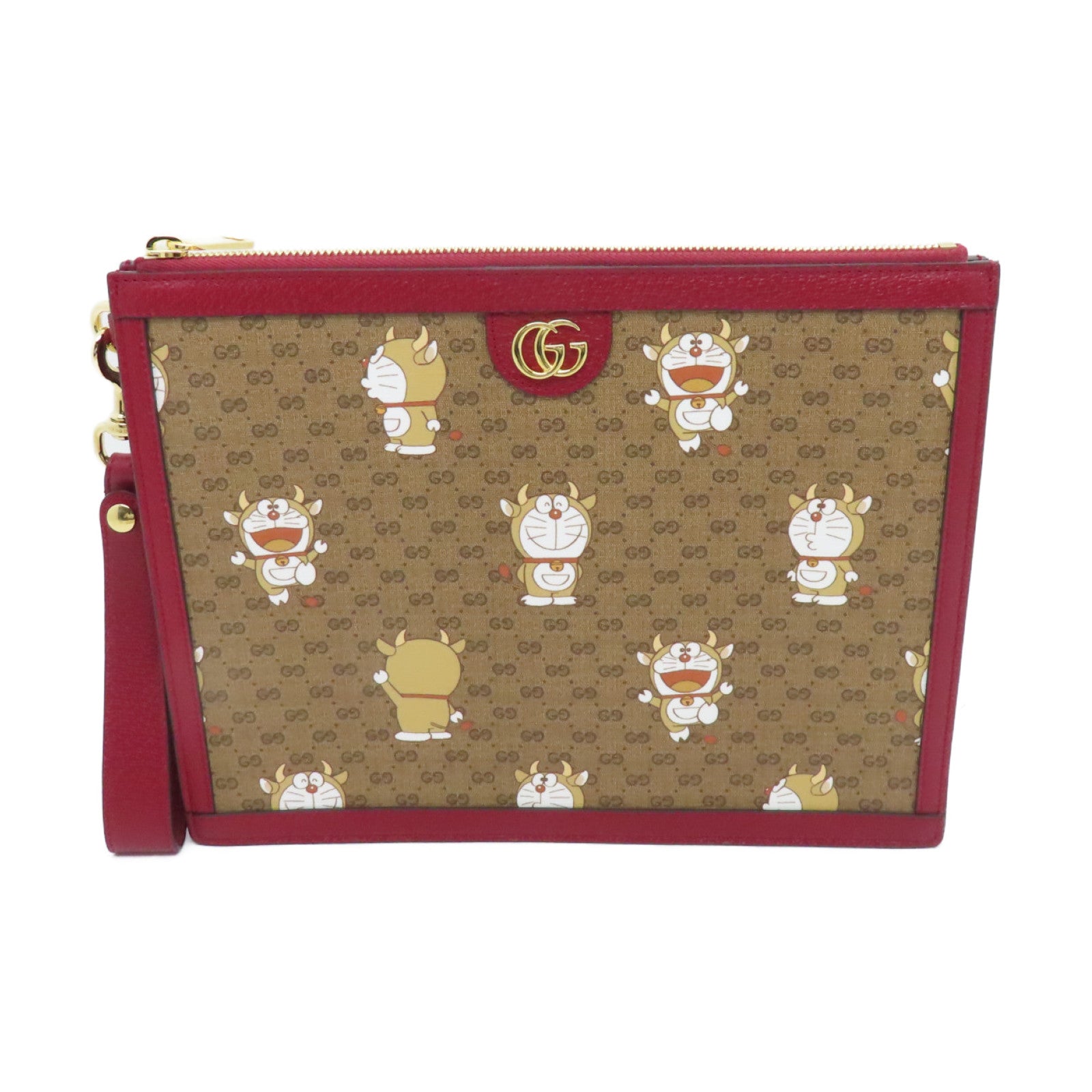 GUCCI 塗層帆布Doraemon Clutch Bag金扣手拿包啡色/紅色