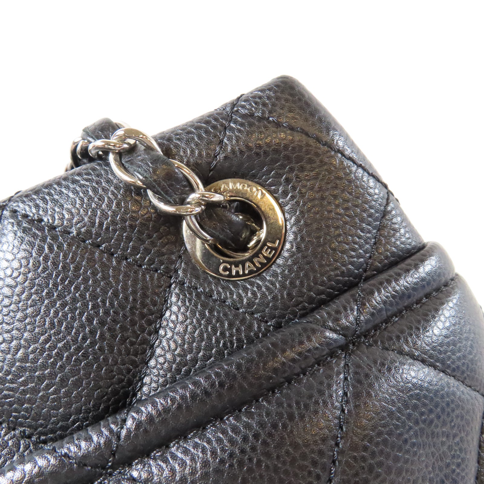 CHANEL 菱格Caviar皮革Chain Shoulder銀扣肩背袋黑色