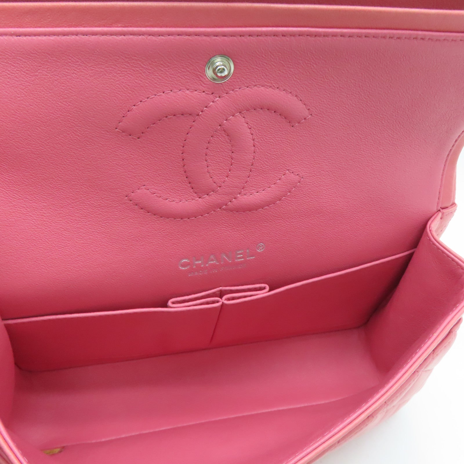 CHANEL 菱格羊皮皮革Classic 25㎝銀扣肩背袋粉紅色