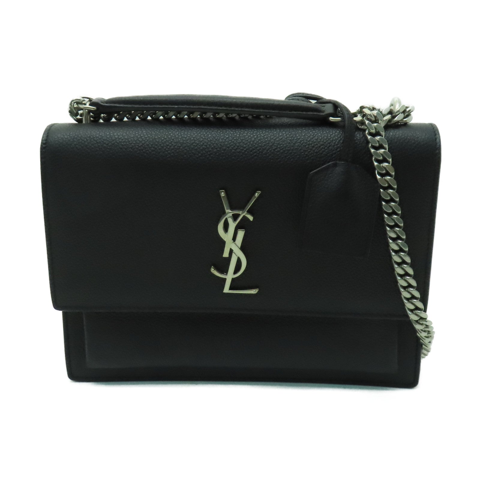 SAINT LAURENT 牛皮皮革Sunset銀扣鏈帶肩背袋黑色