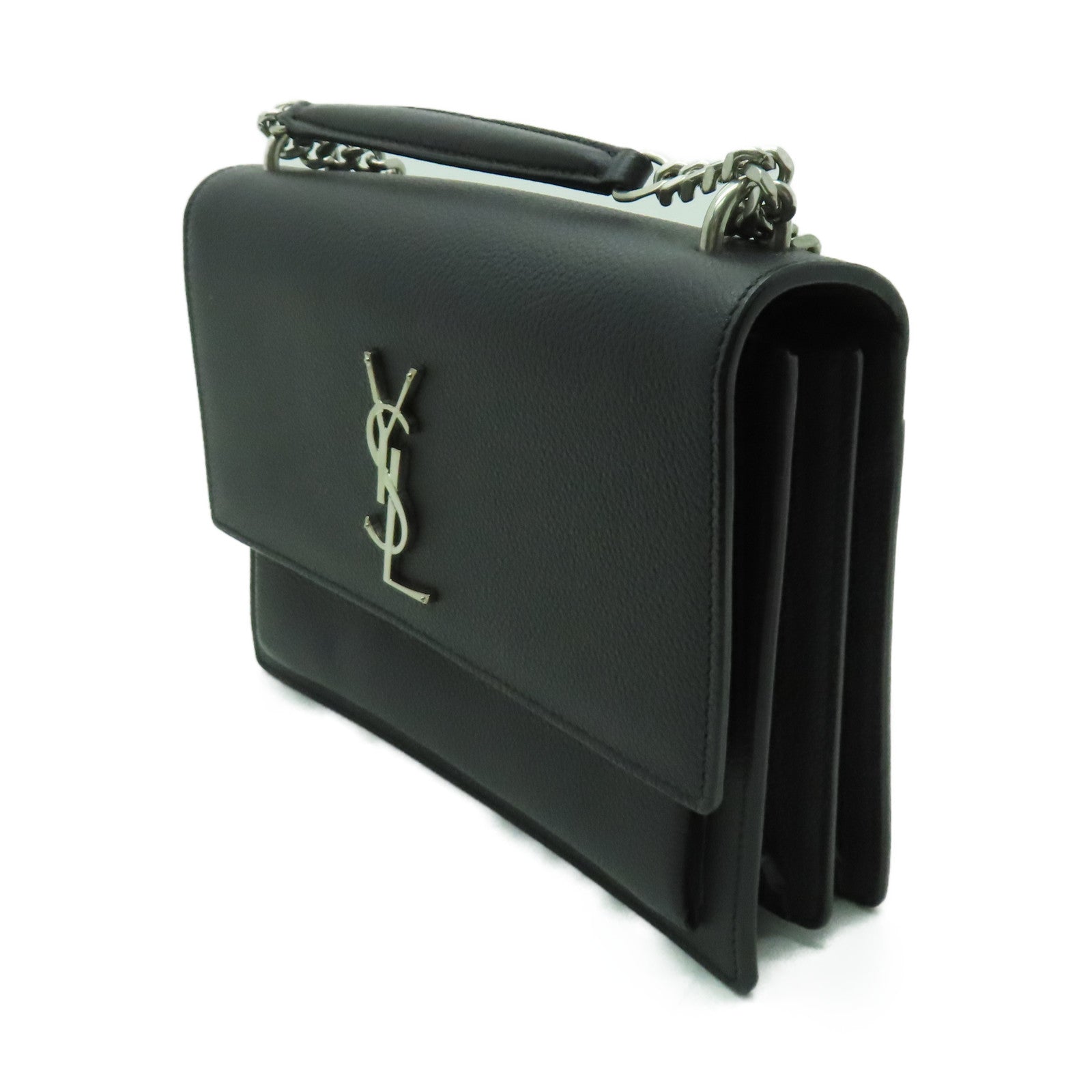 SAINT LAURENT 牛皮皮革Sunset銀扣鏈帶肩背袋黑色