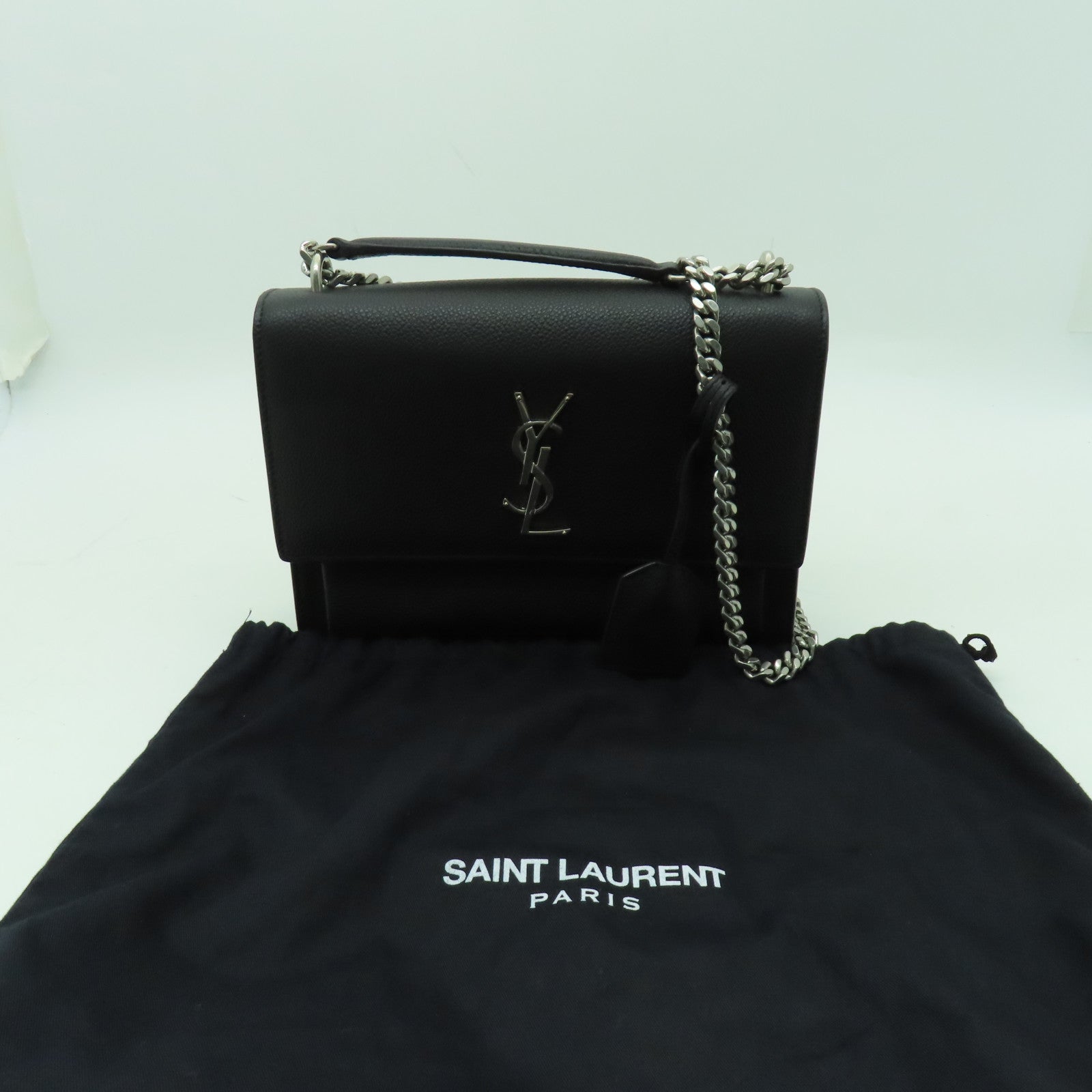 SAINT LAURENT 牛皮皮革Sunset銀扣鏈帶肩背袋黑色