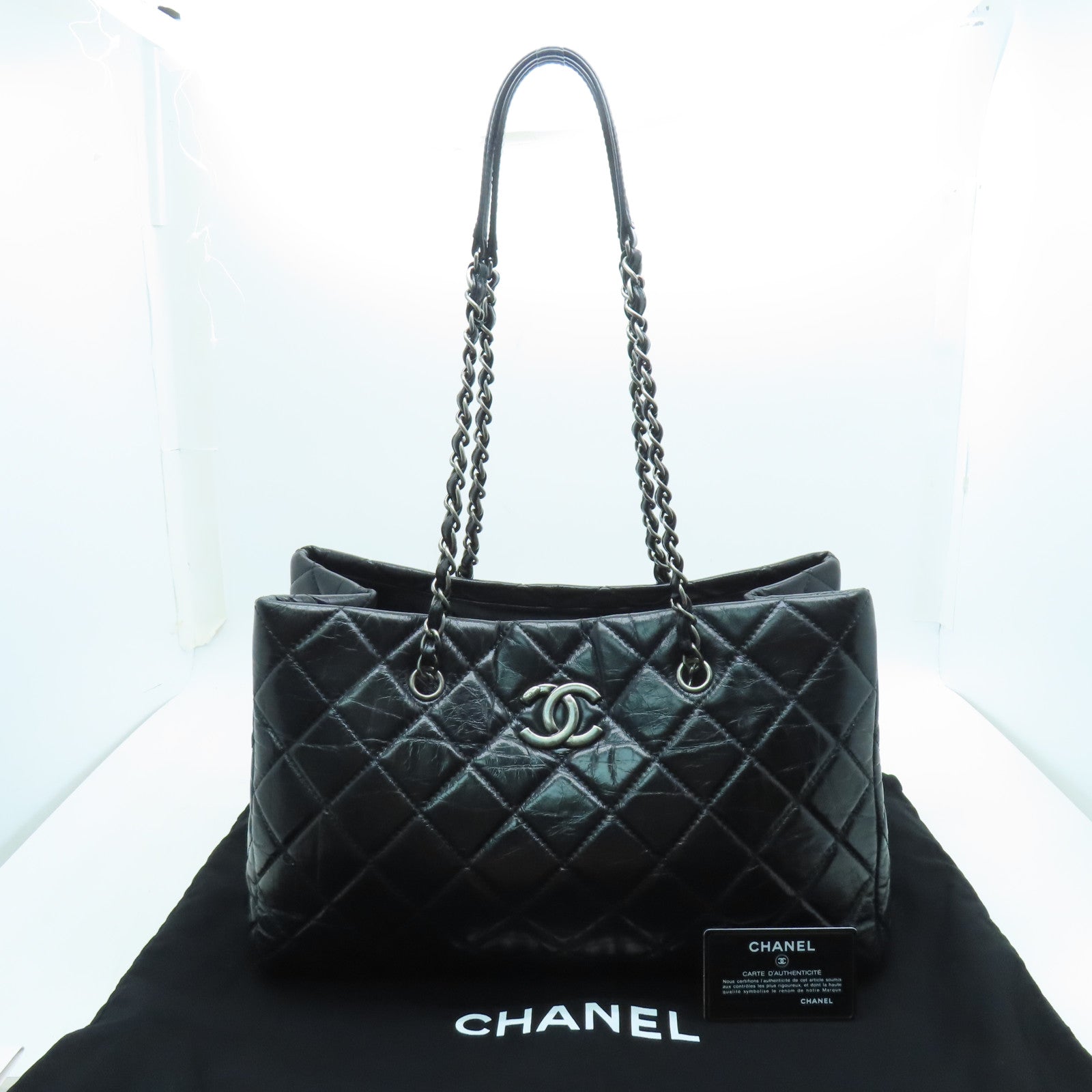 CHANEL 菱格牛皮皮革Shoulder Tote銀扣鏈帶肩背袋黑色