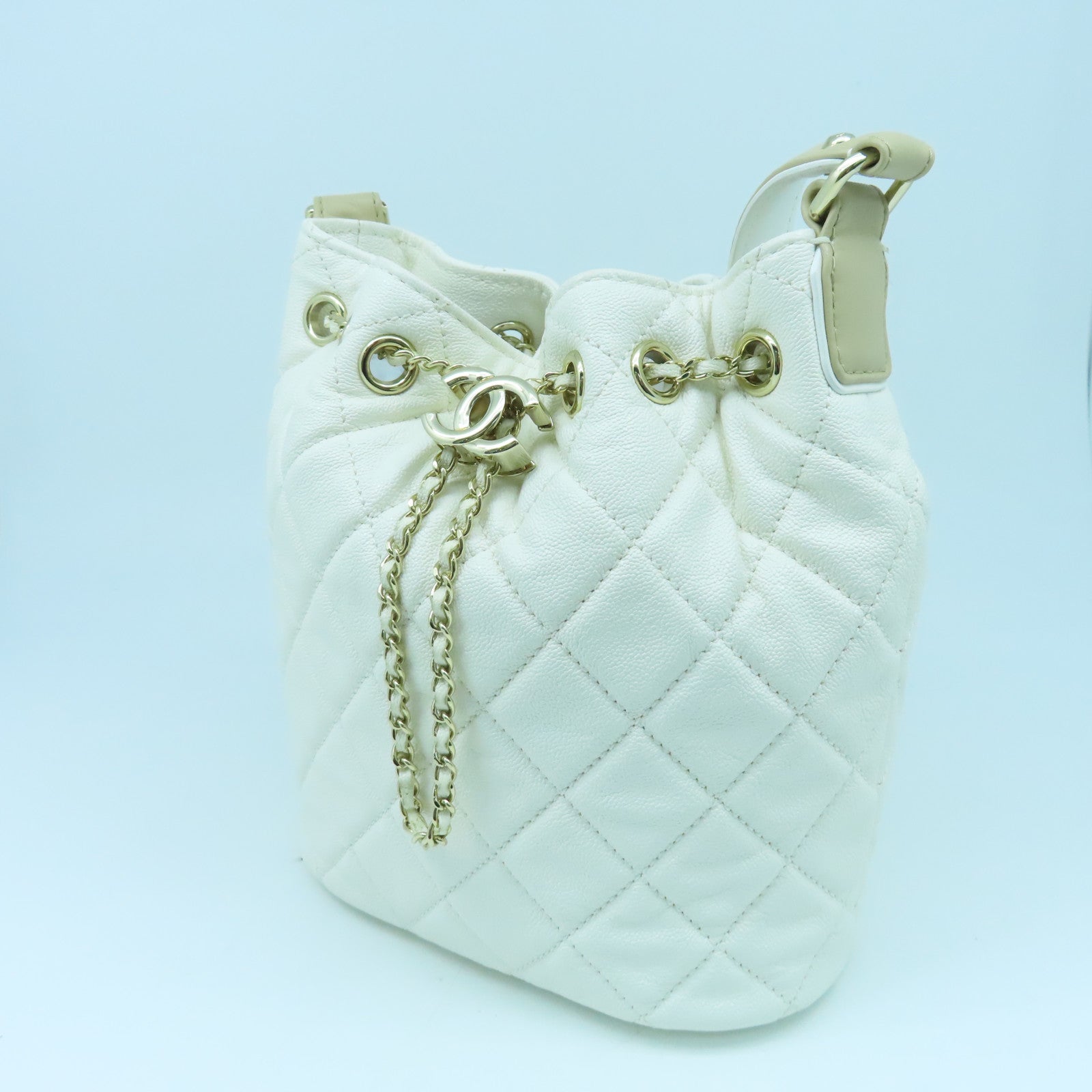 CHANEL 菱格Caviar皮革Shoulder Bag金扣肩背袋白色