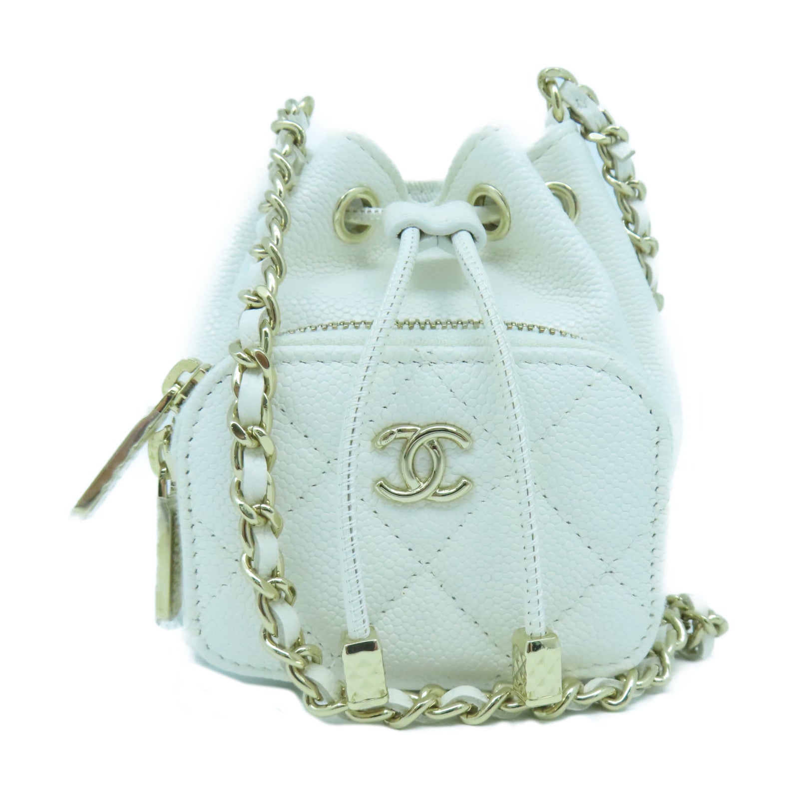CHANEL 菱格Caviar皮革Hobo Mini Bag金扣鏈帶肩背袋白色