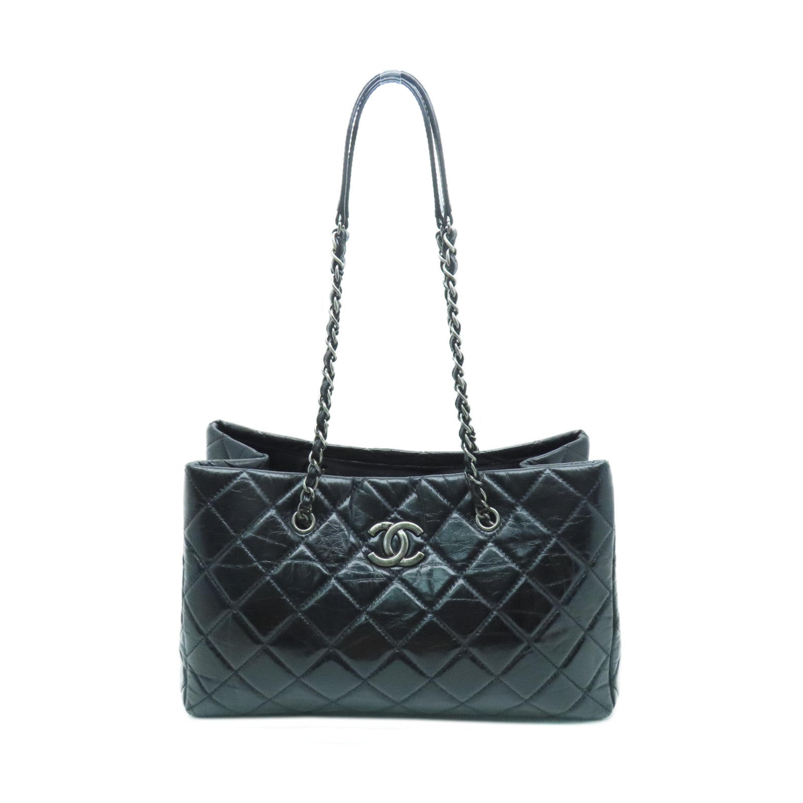 CHANEL 菱格牛皮皮革Shoulder Tote銀扣鏈帶肩背袋黑色