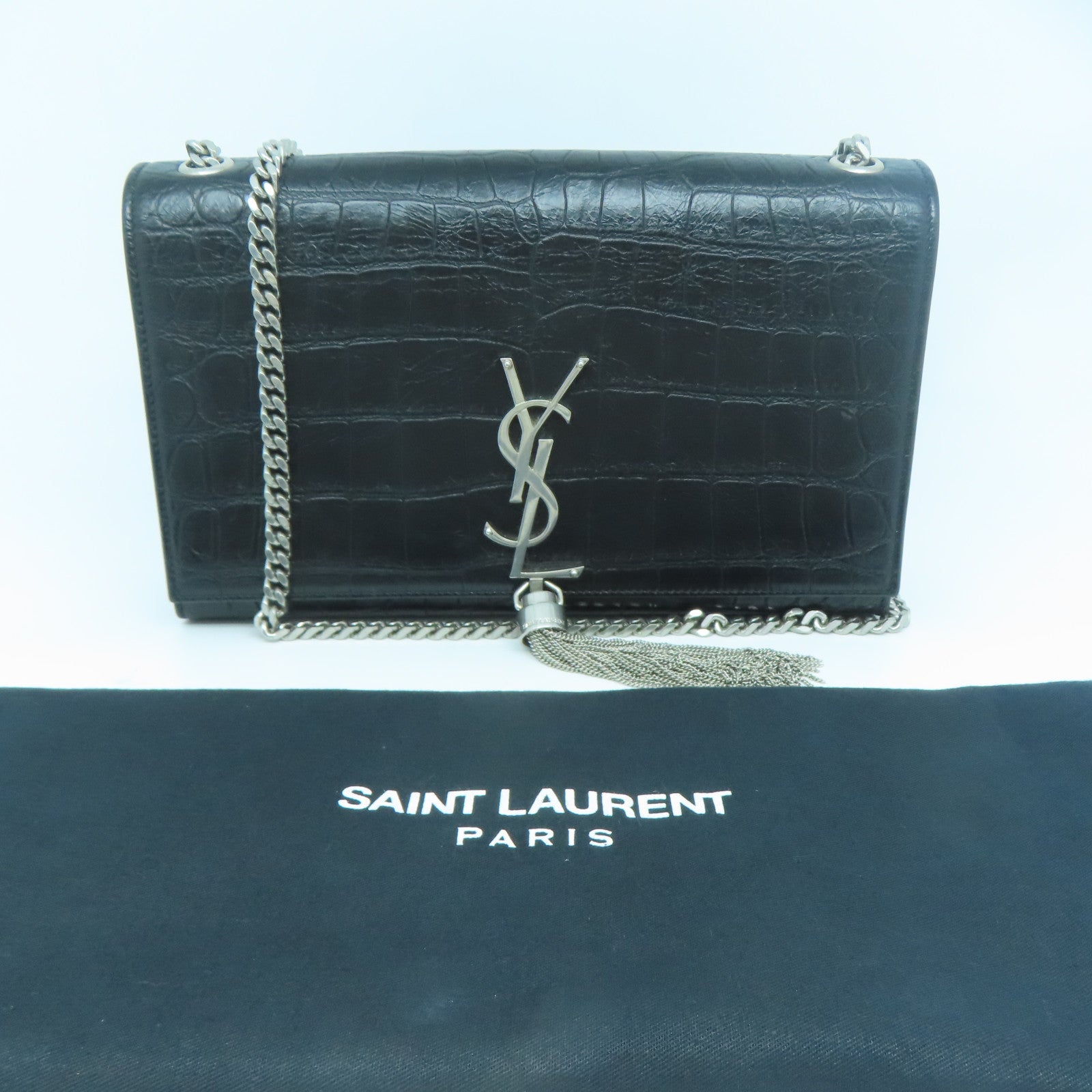 SAINT LAURENT 牛皮皮革Chain Shoulder銀扣鏈帶肩背袋黑色