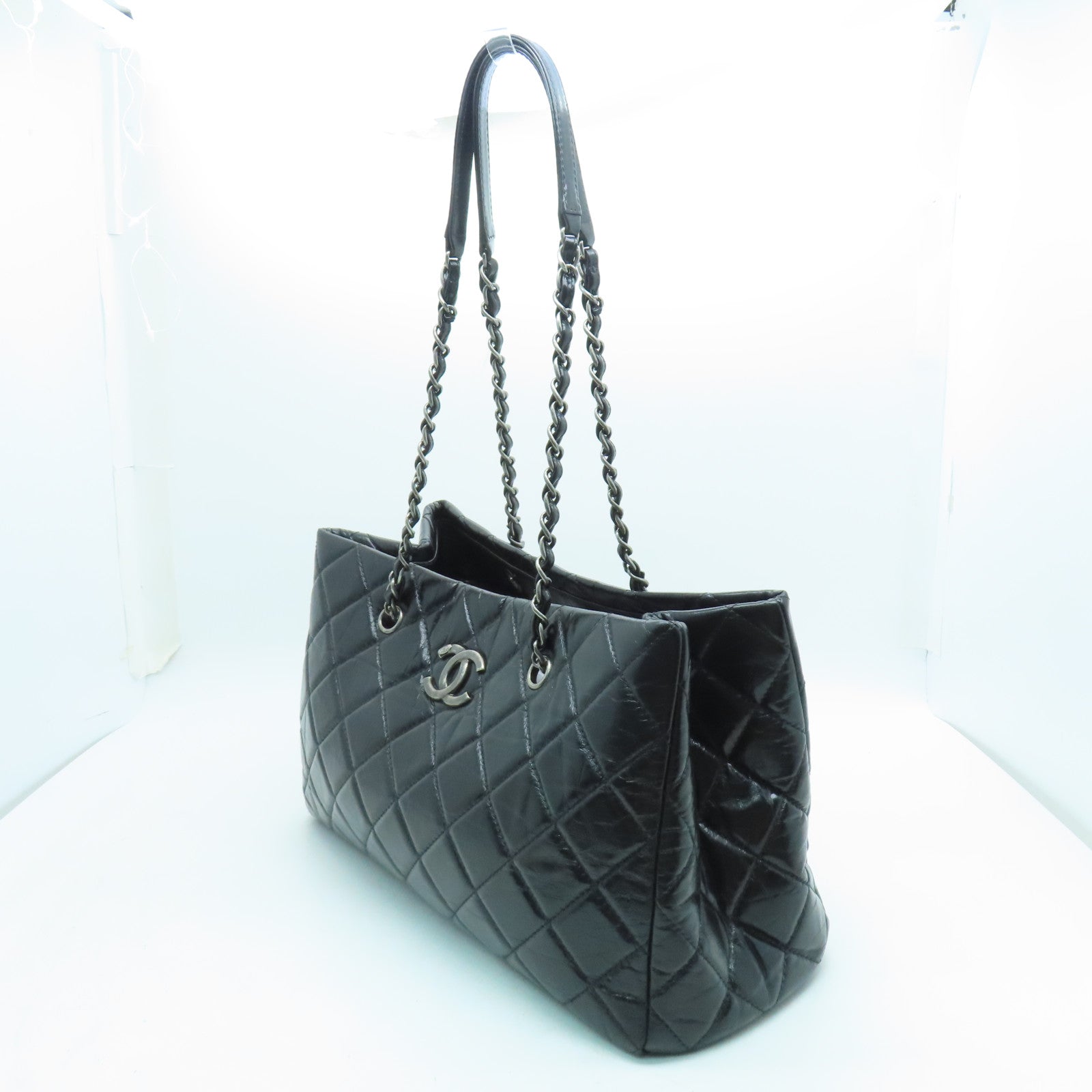 CHANEL 菱格牛皮皮革Shoulder Tote銀扣鏈帶肩背袋黑色