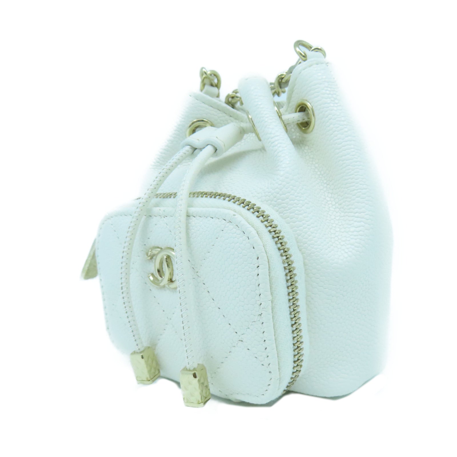 CHANEL 菱格Caviar皮革Hobo Mini Bag金扣鏈帶肩背袋白色
