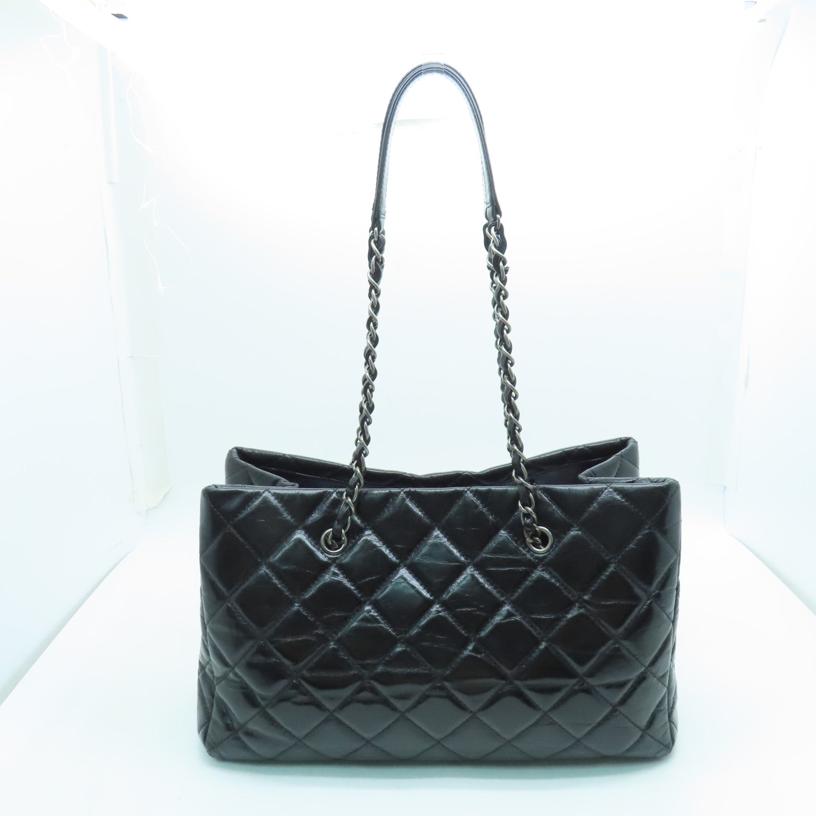 CHANEL 菱格牛皮皮革Shoulder Tote銀扣鏈帶肩背袋黑色